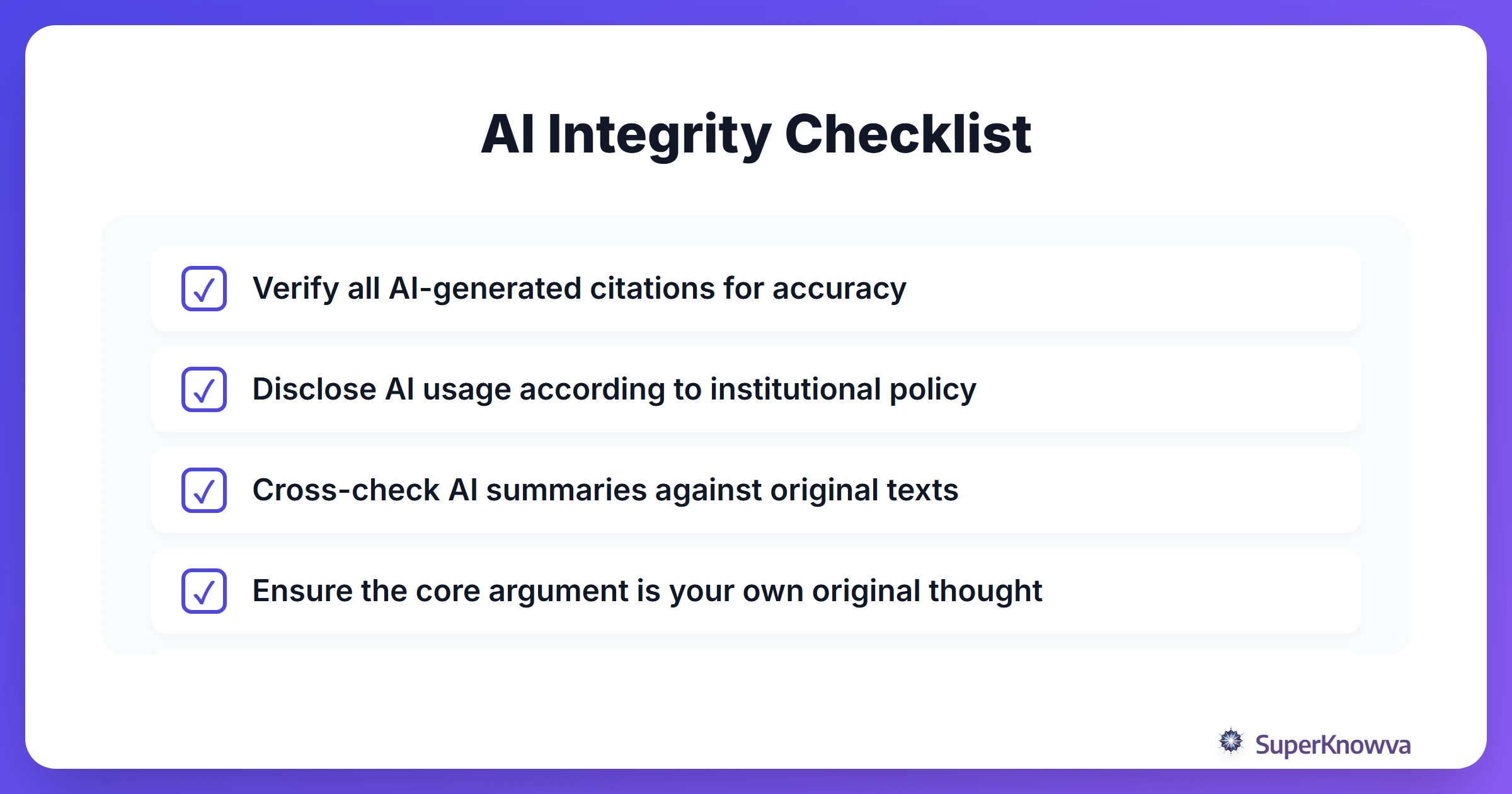 A checklist for maintaining academic integrity when using AI tools.