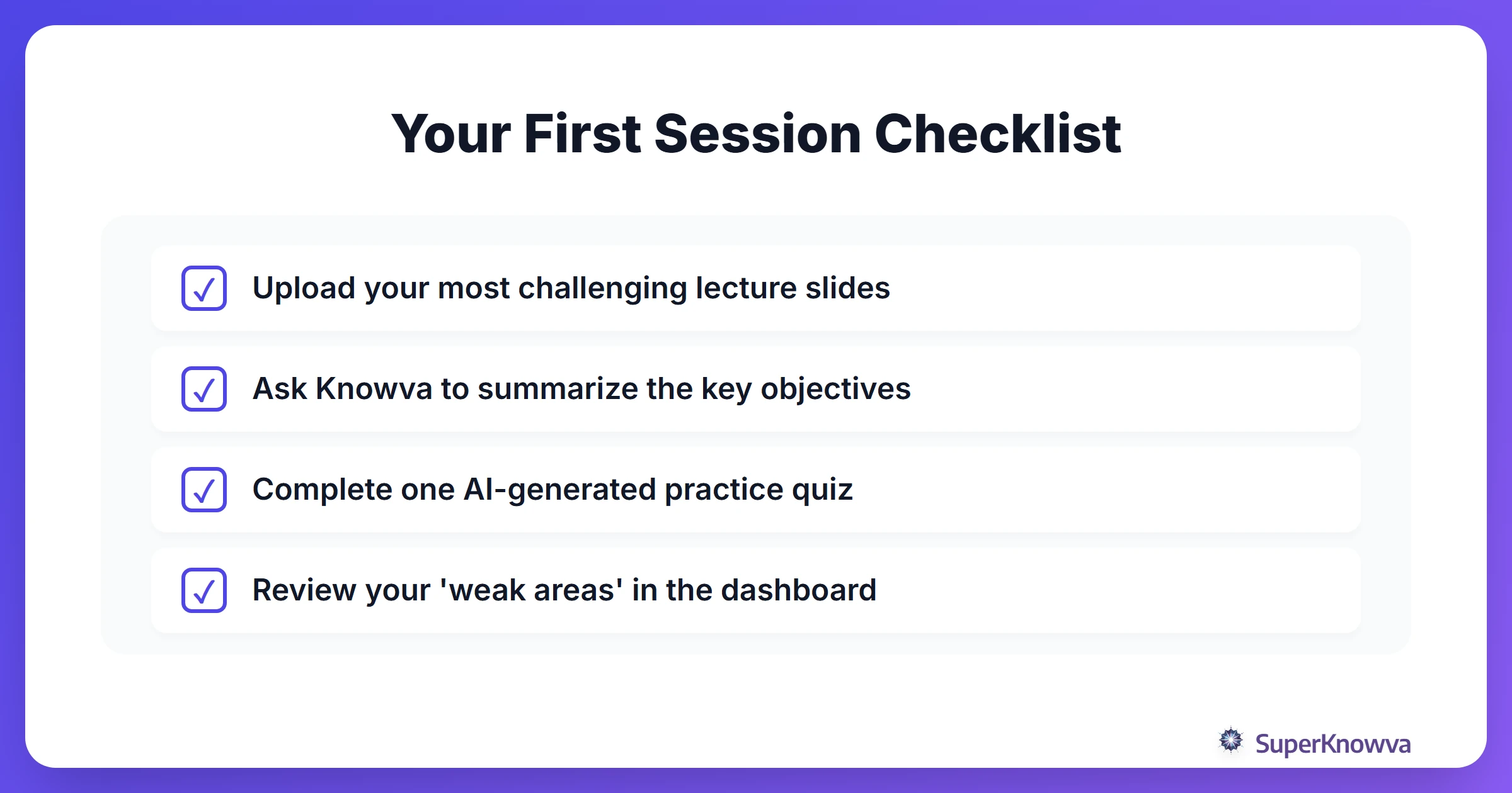 Checklist for a student's first study session on SuperKnowva