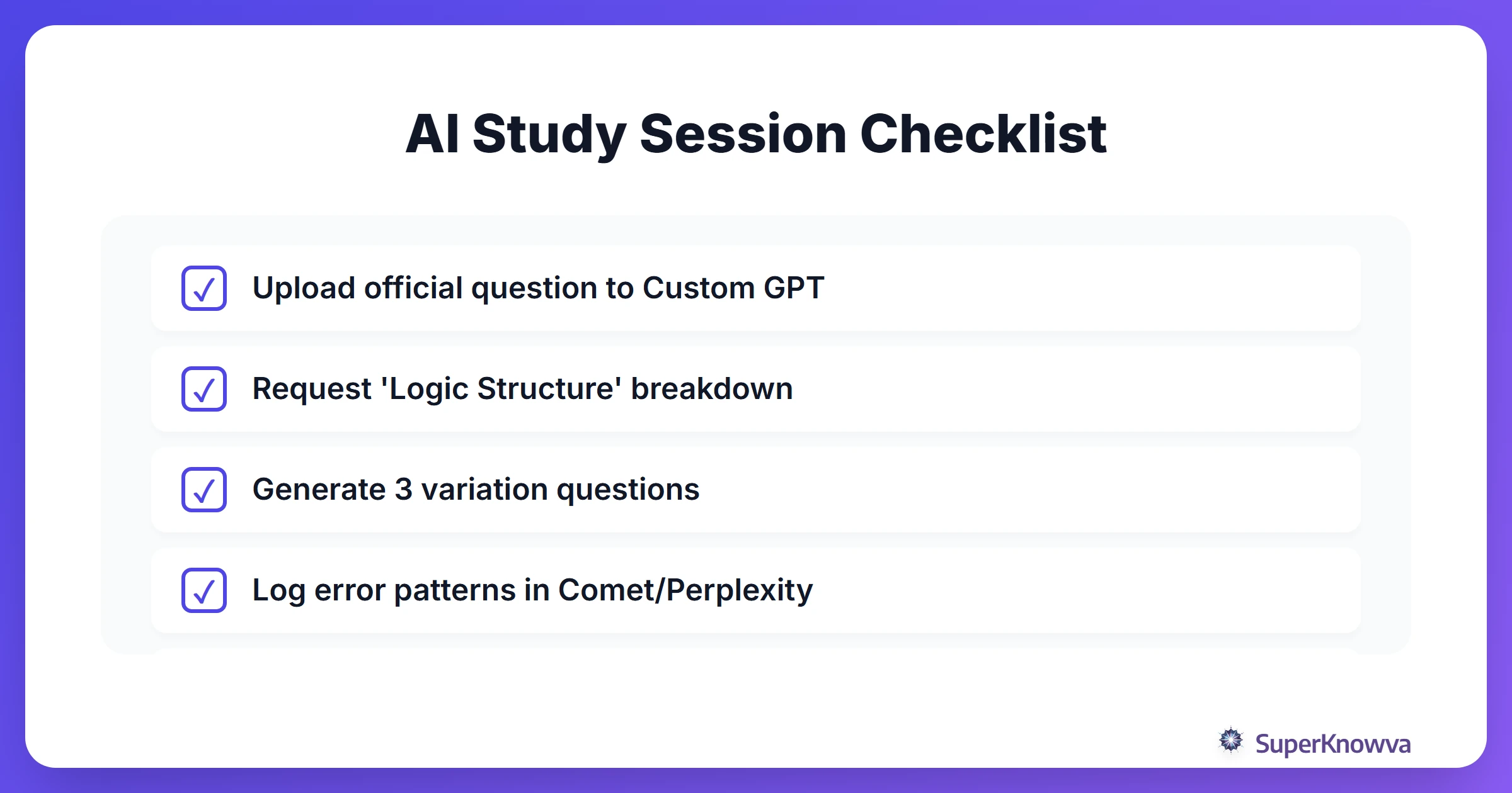 A checklist for an AI-powered GMAT study session.