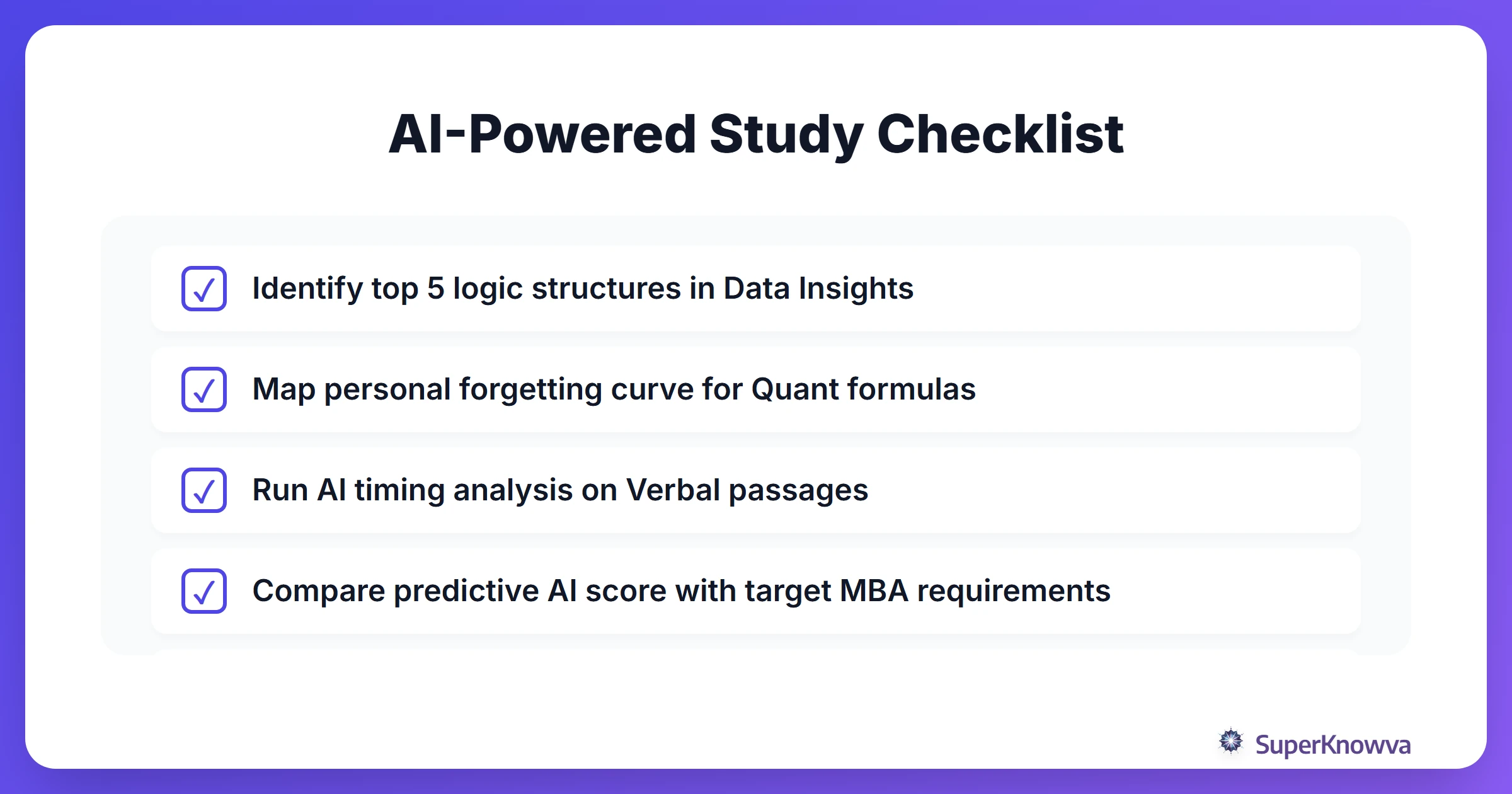 Checklist for using AI to improve GMAT Focus Edition scores.