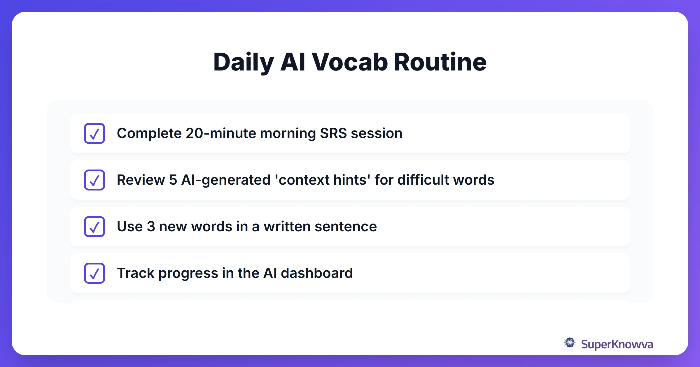 Daily checklist for GRE vocabulary practice.