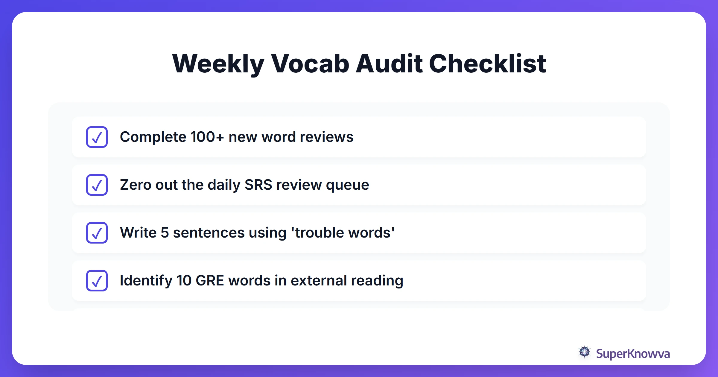 A checklist for students to audit their GRE vocabulary progress weekly.