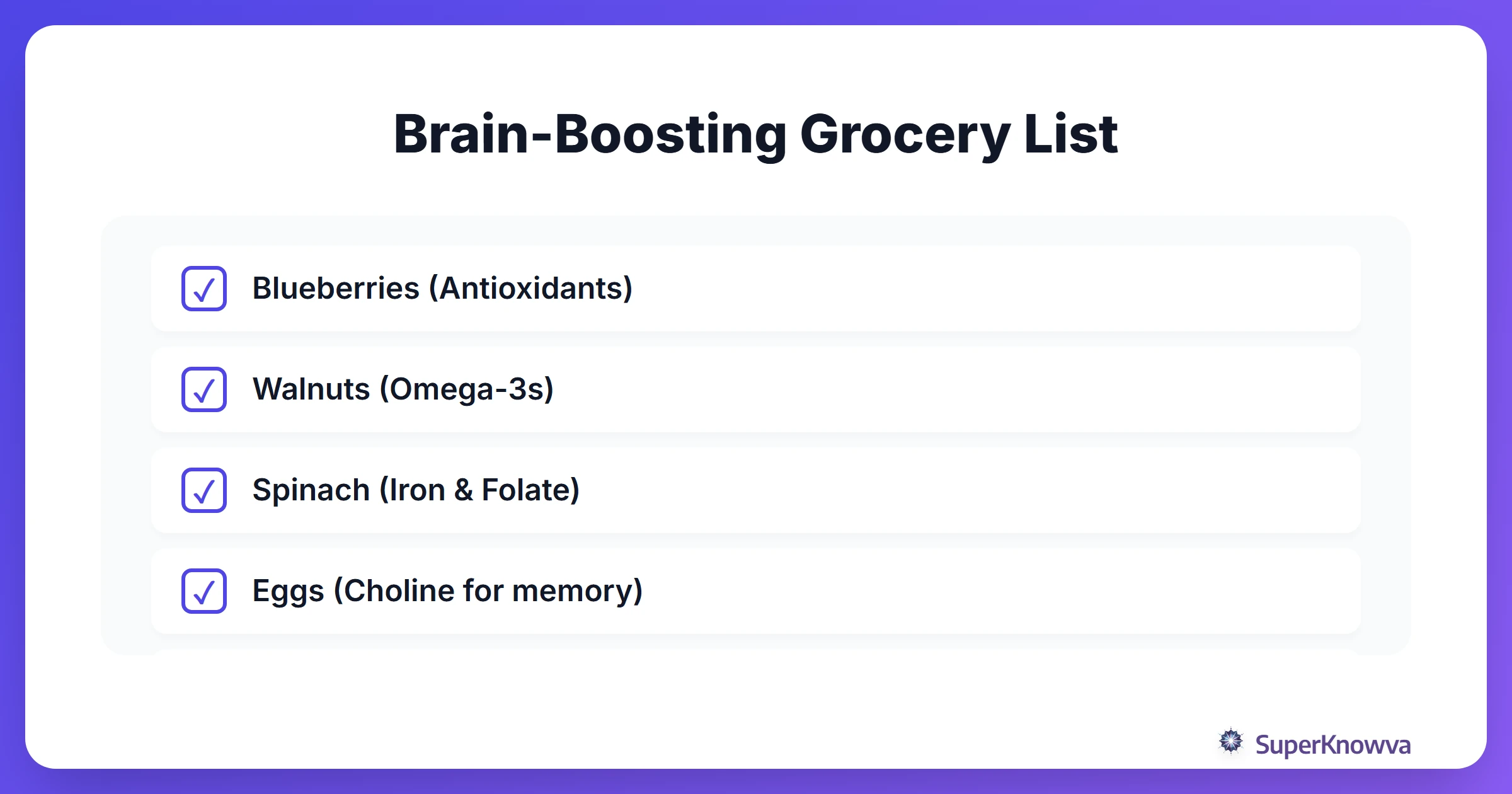 A checklist of the best brain-boosting foods to buy for exam week.