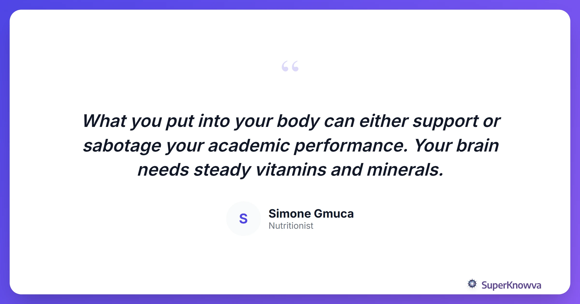 A quote card featuring advice from a nutritionist about finals week nutrition.