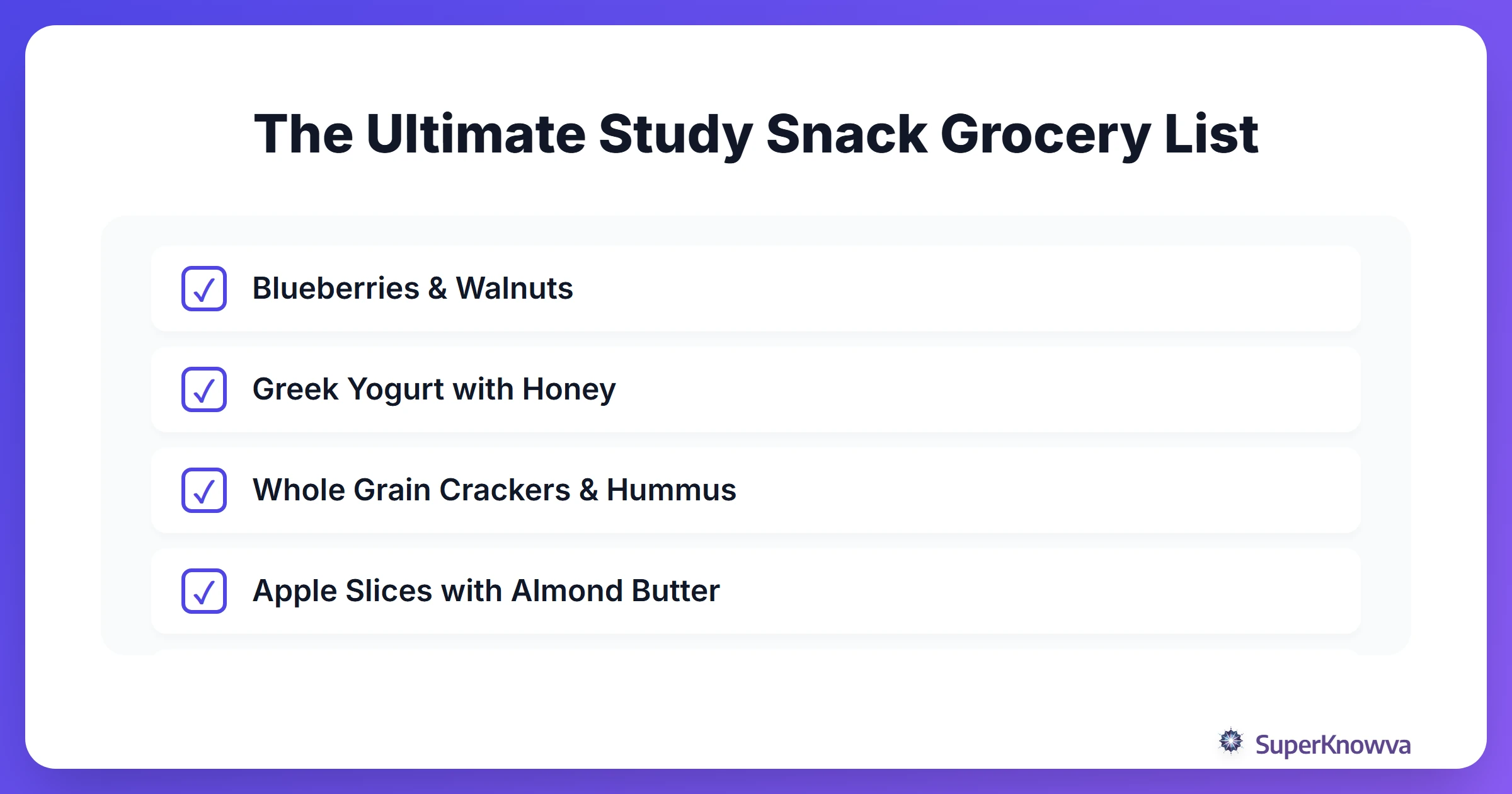 A checklist of the best healthy snacks for studying finals.