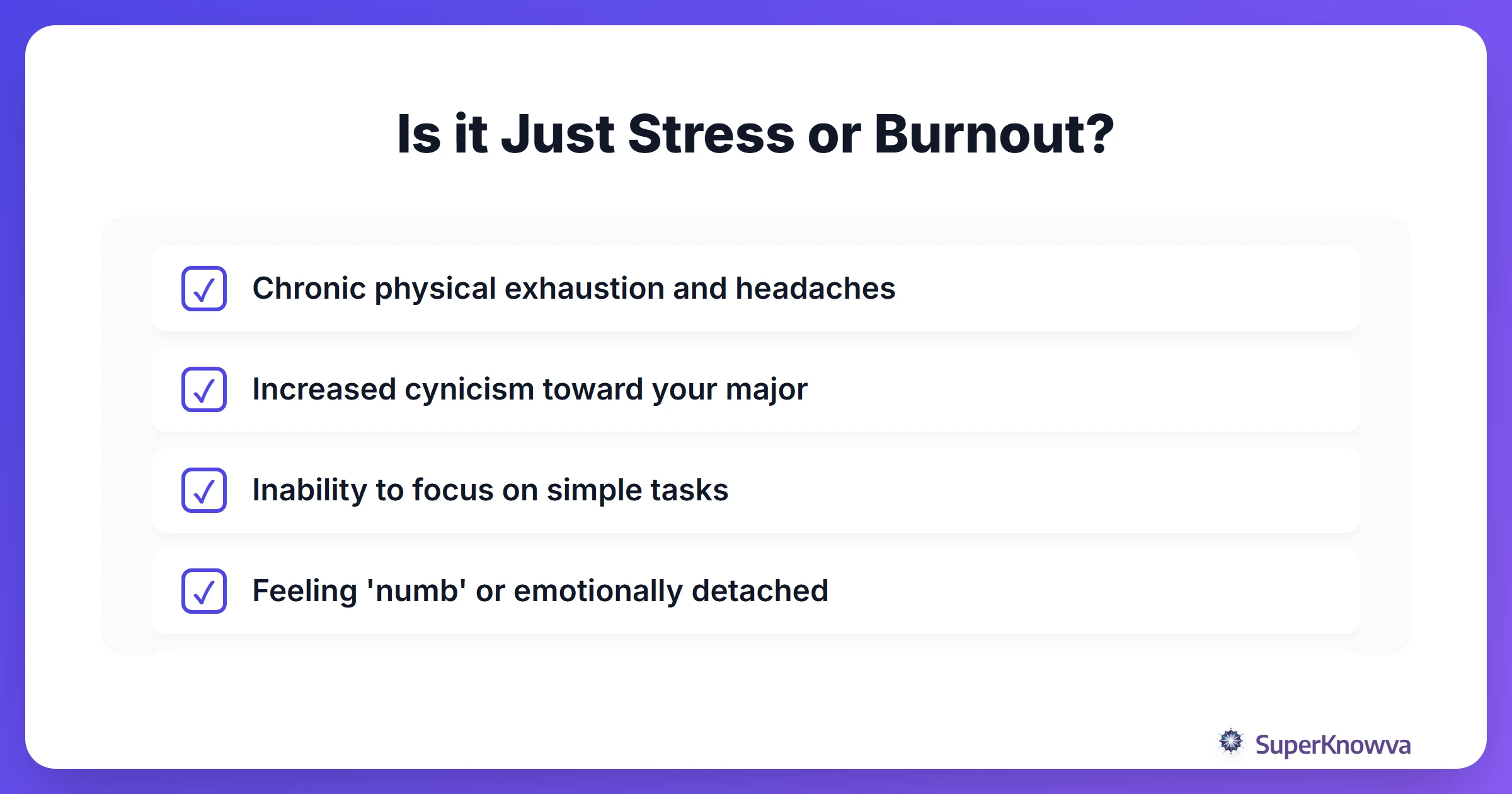 A checklist of common signs of academic burnout including physical, mental, and emotional symptoms.