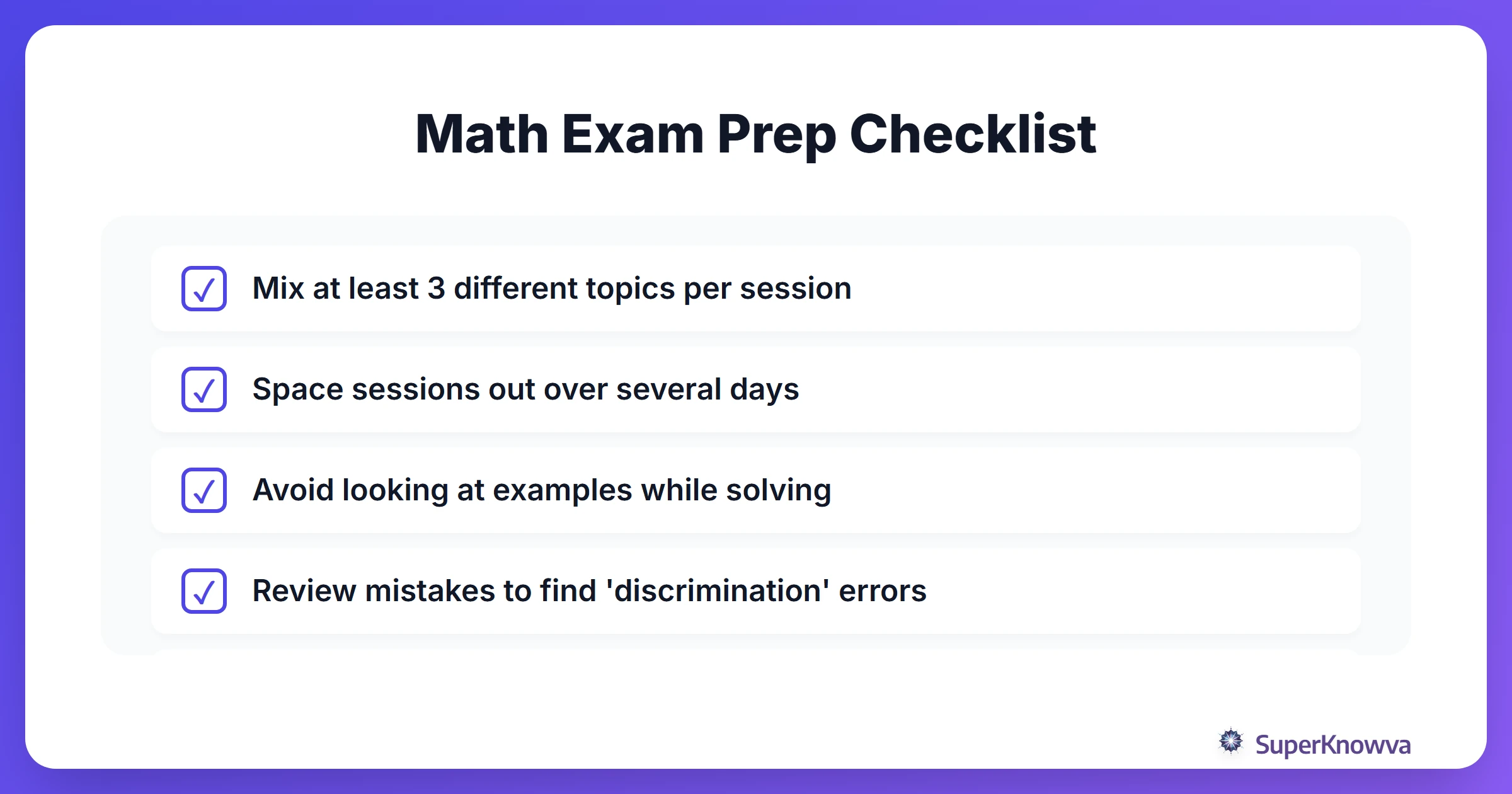 Checklist for math exam preparation using interleaving