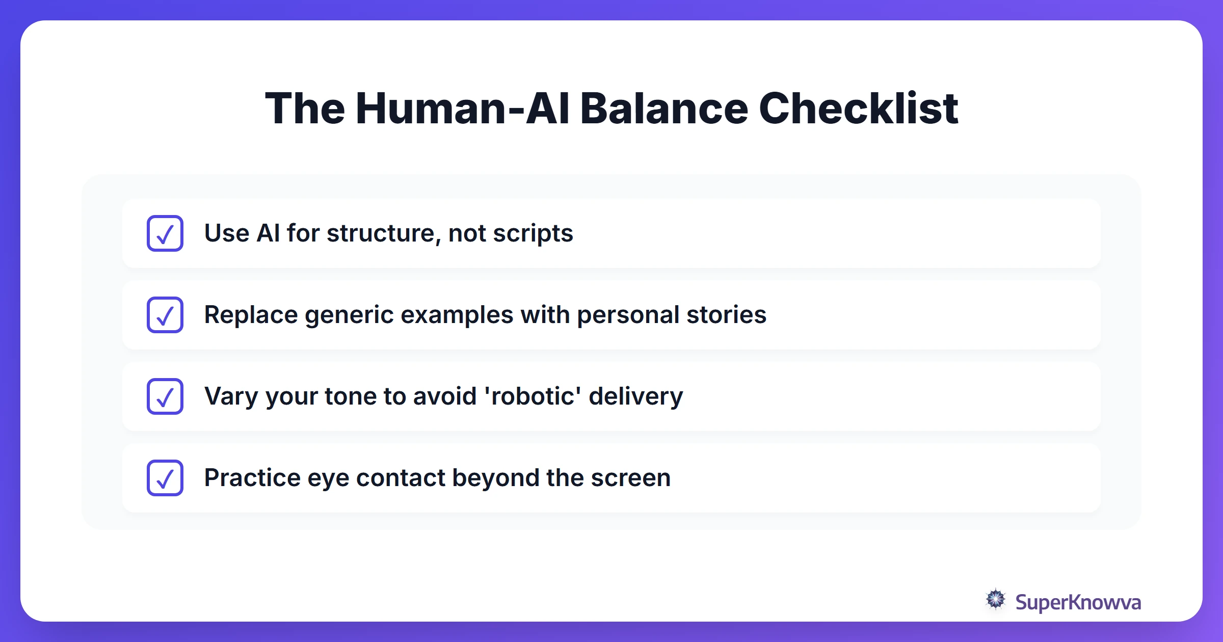 A checklist for maintaining authenticity when using AI for interview prep.