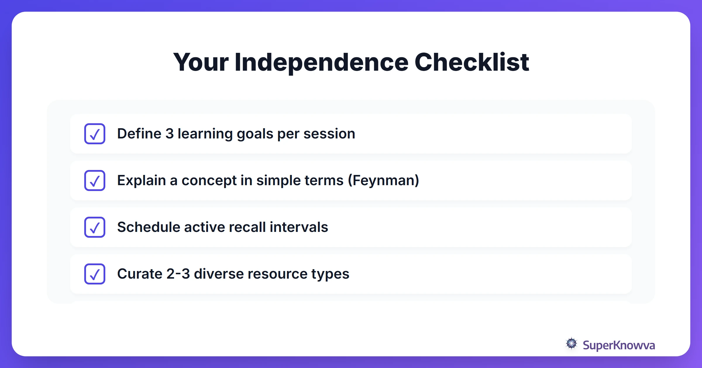 A checklist of essential self-directed learning strategies for students.