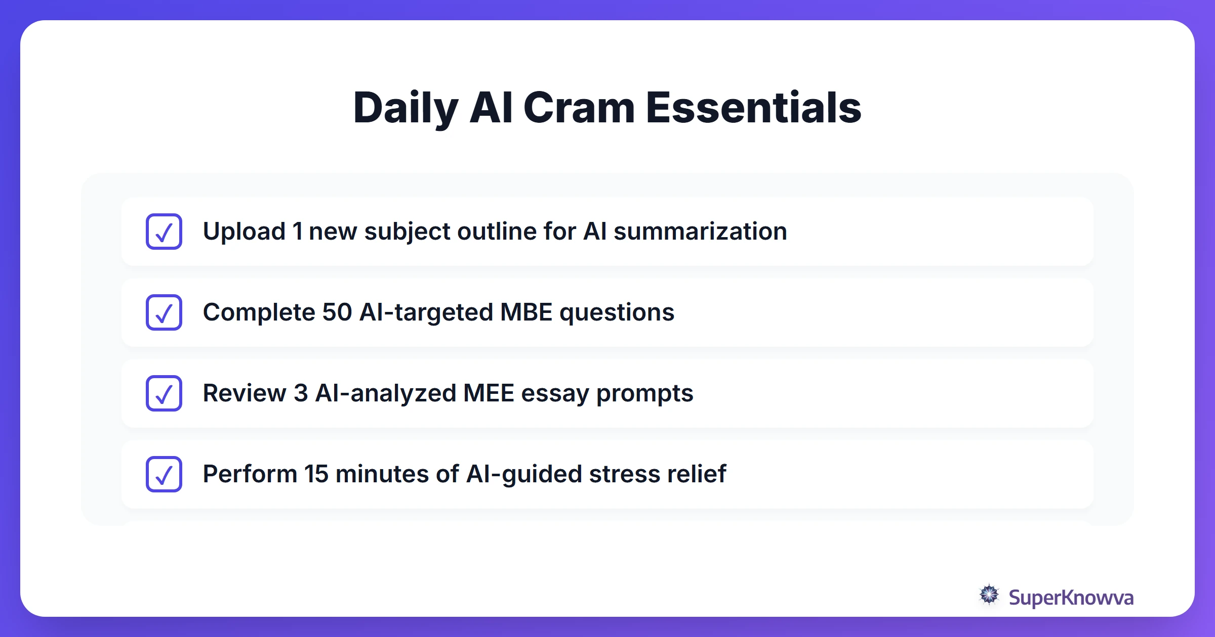 A daily checklist for students in the middle of a bar exam cram.