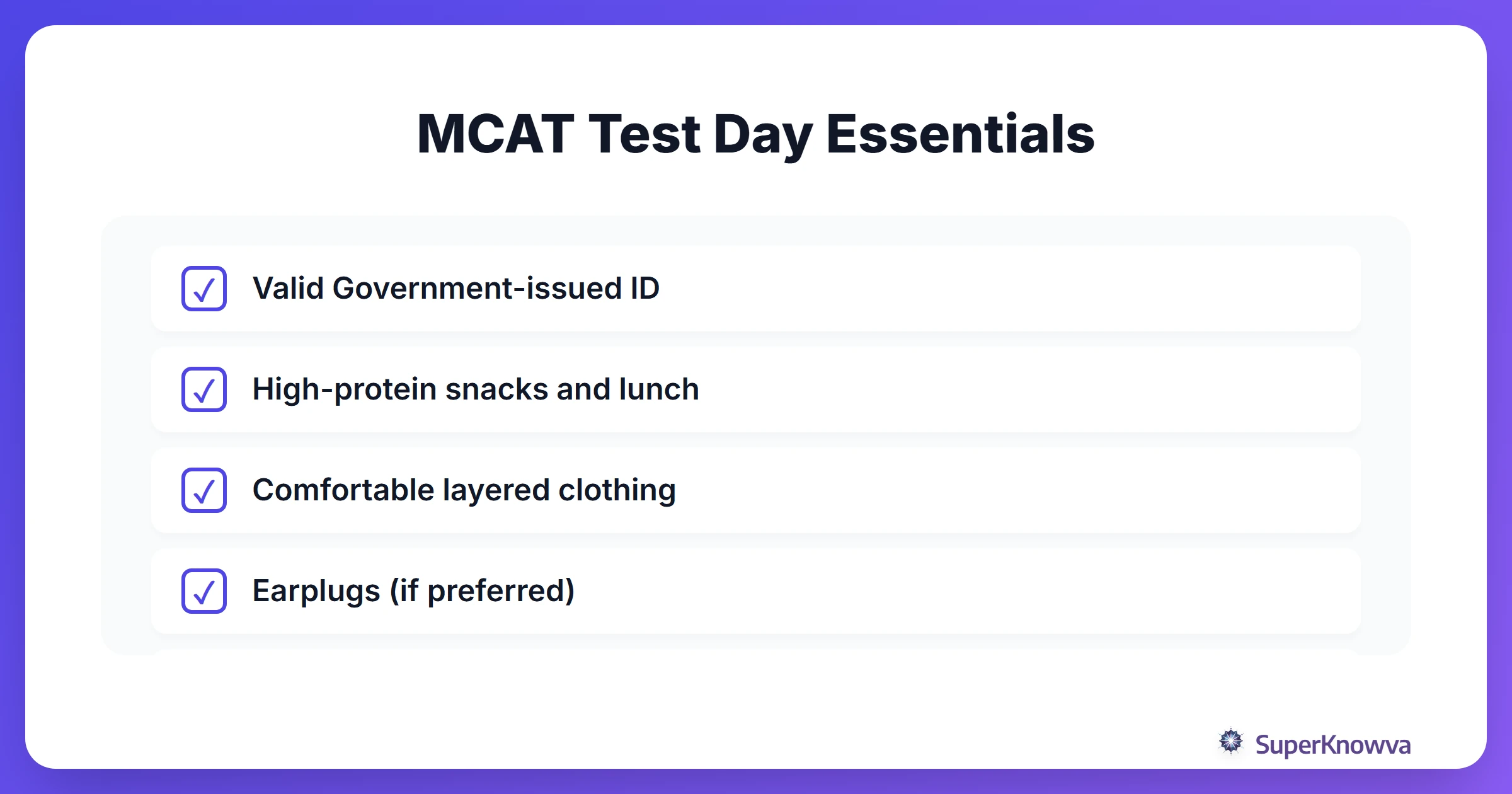 Checklist of items to prepare for MCAT test day