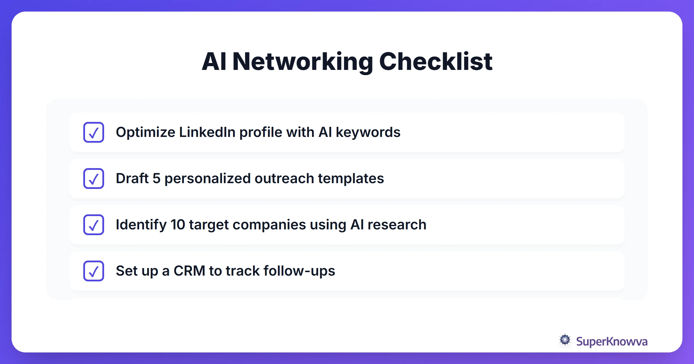 Checklist for using AI in professional networking.