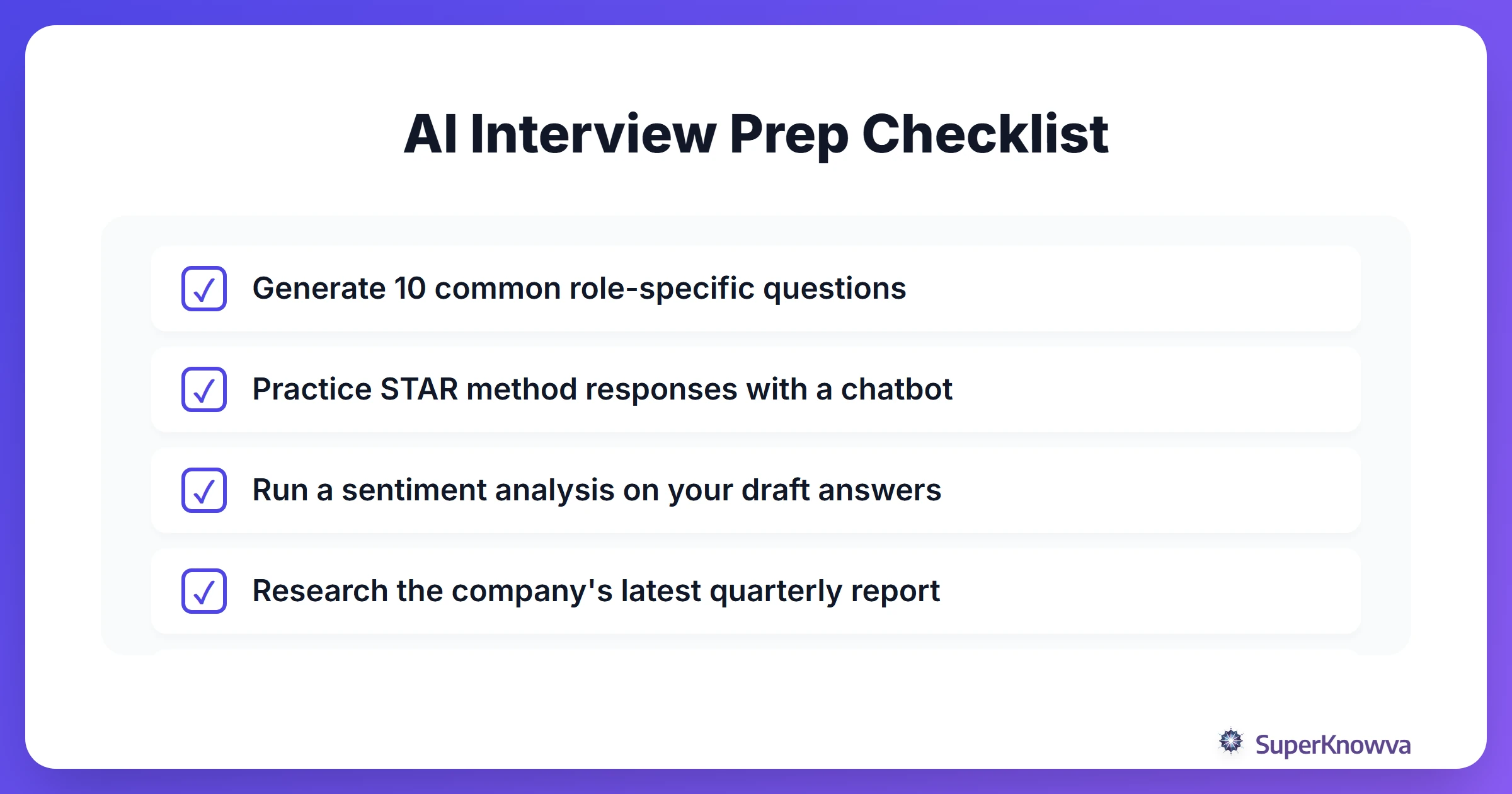 A checklist for preparing for interviews using AI.