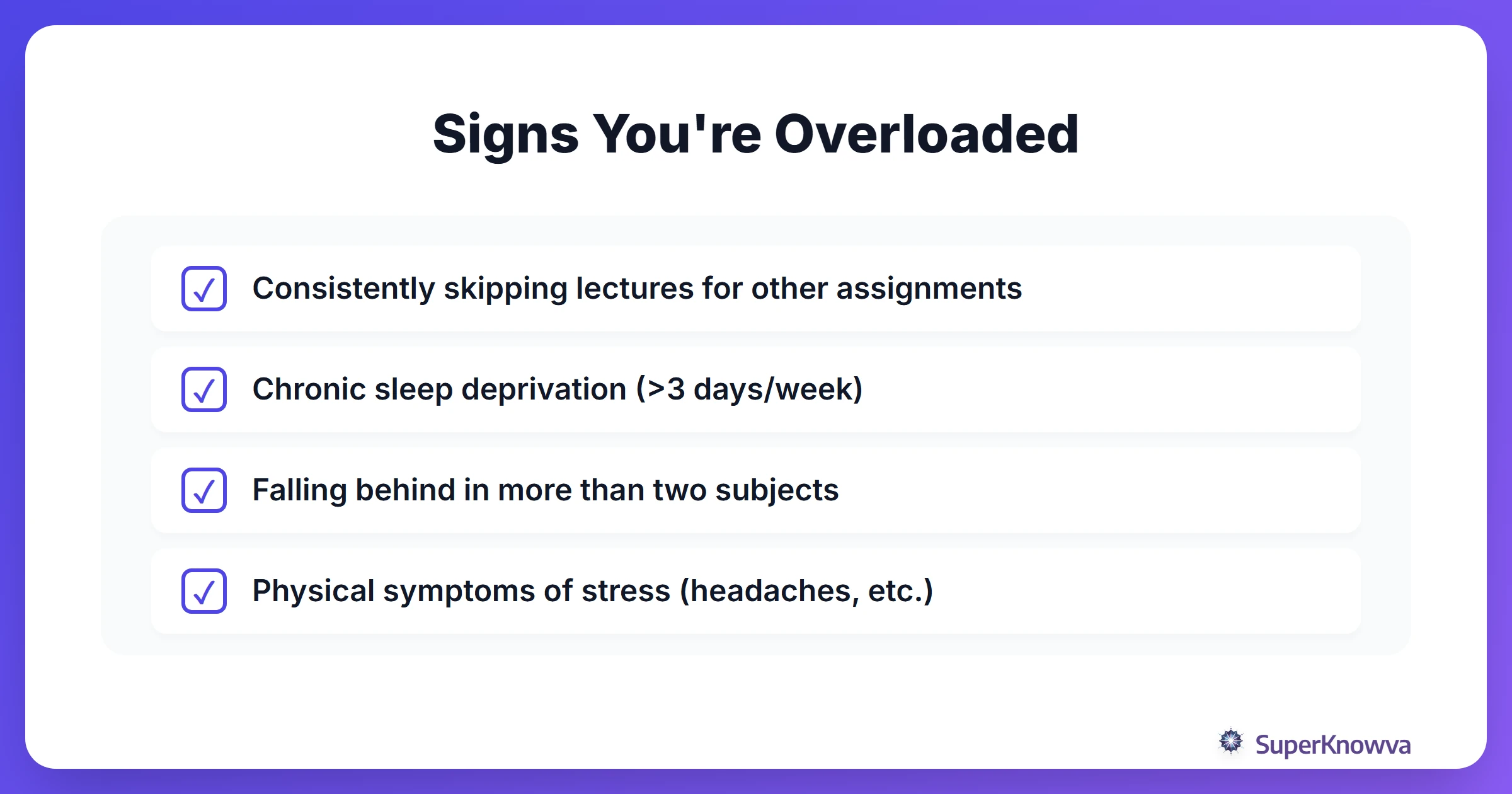 Checklist of signs that a student is overwhelmed by their course load.