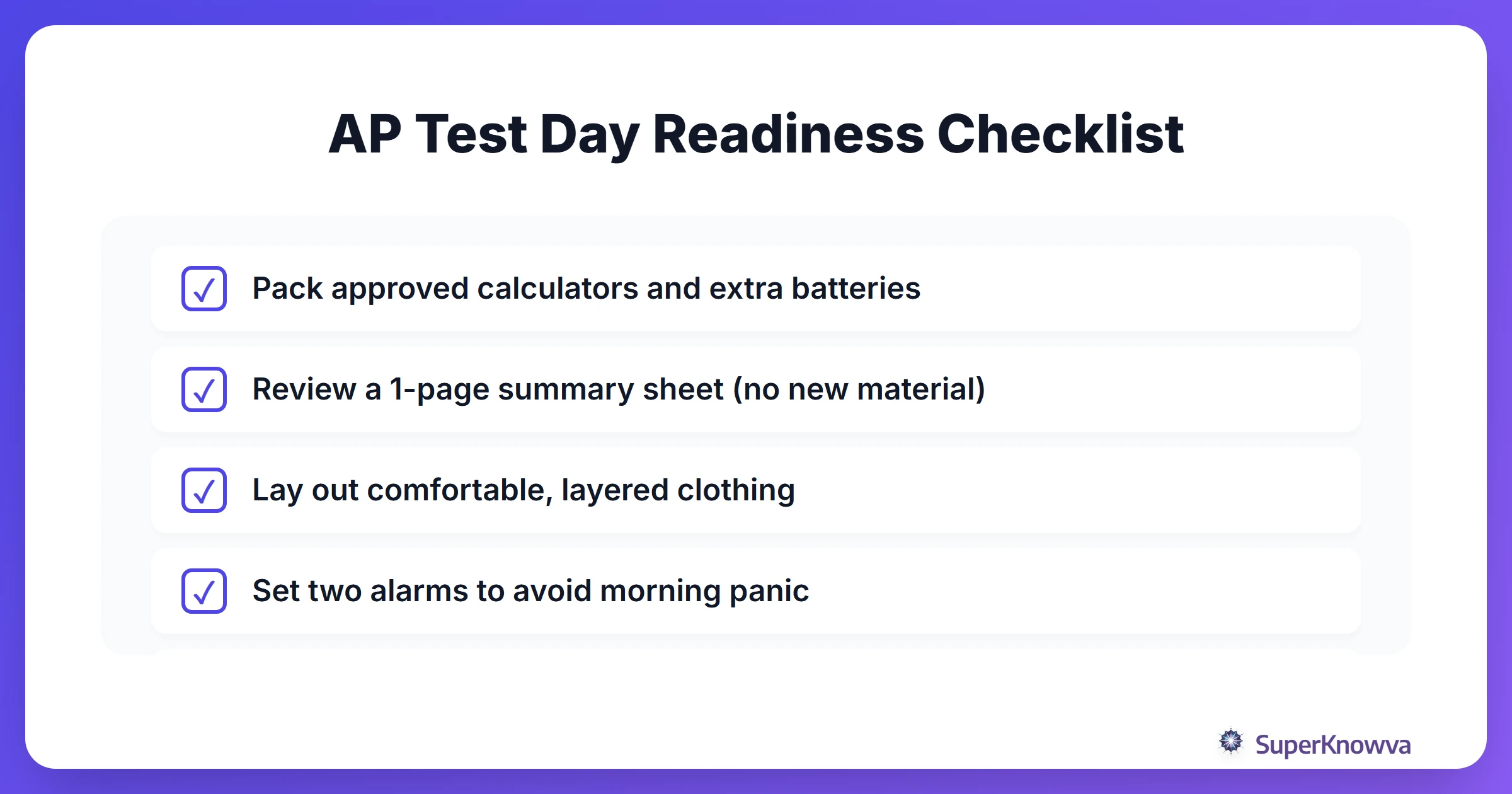 A checklist of things to do the night before and morning of an AP exam.