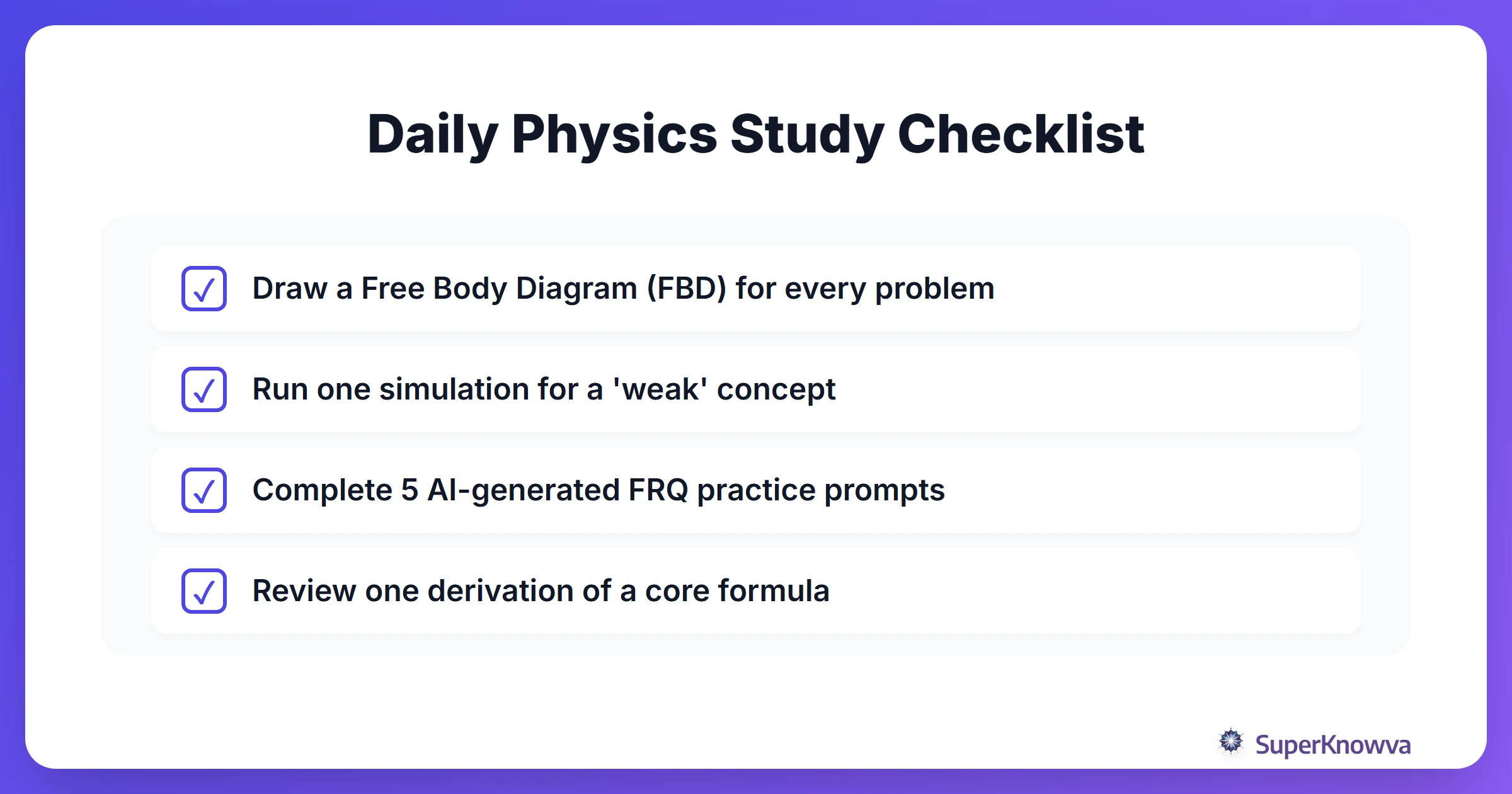 Checklist of essential habits for AP Physics success.