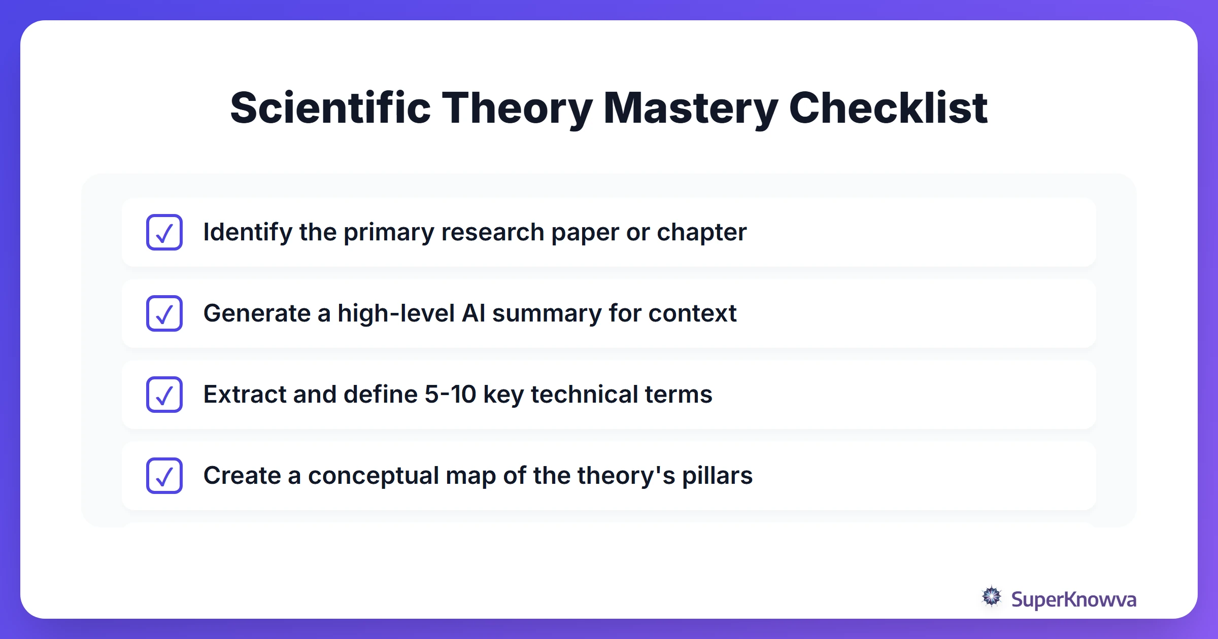 A checklist for students to follow when mastering a new scientific theory with AI.