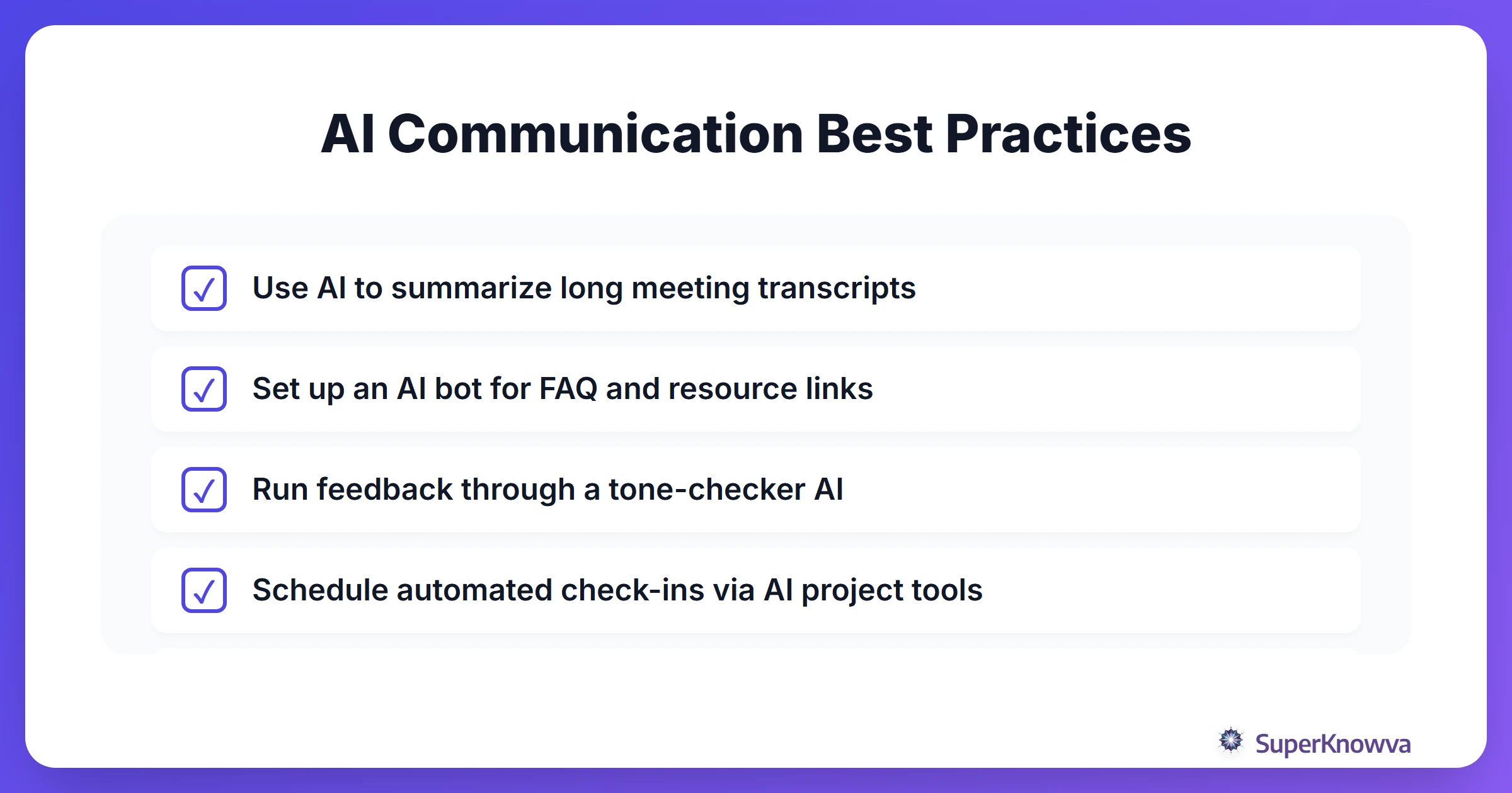 A checklist of best practices for using AI in group communication.