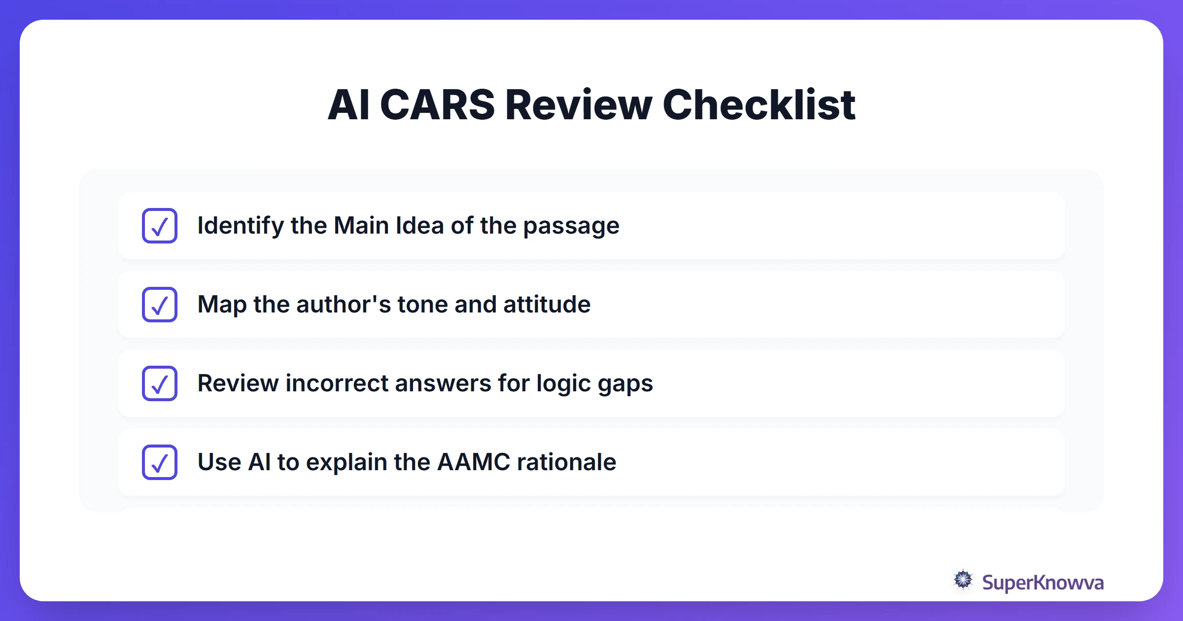 A checklist for an AI-powered CARS study session.