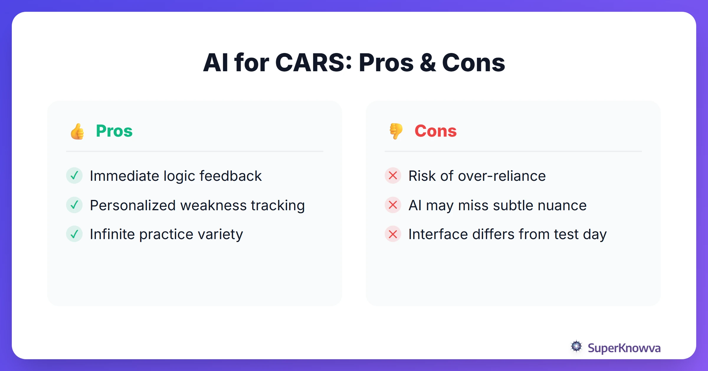 Pros and cons of using AI for MCAT CARS preparation.