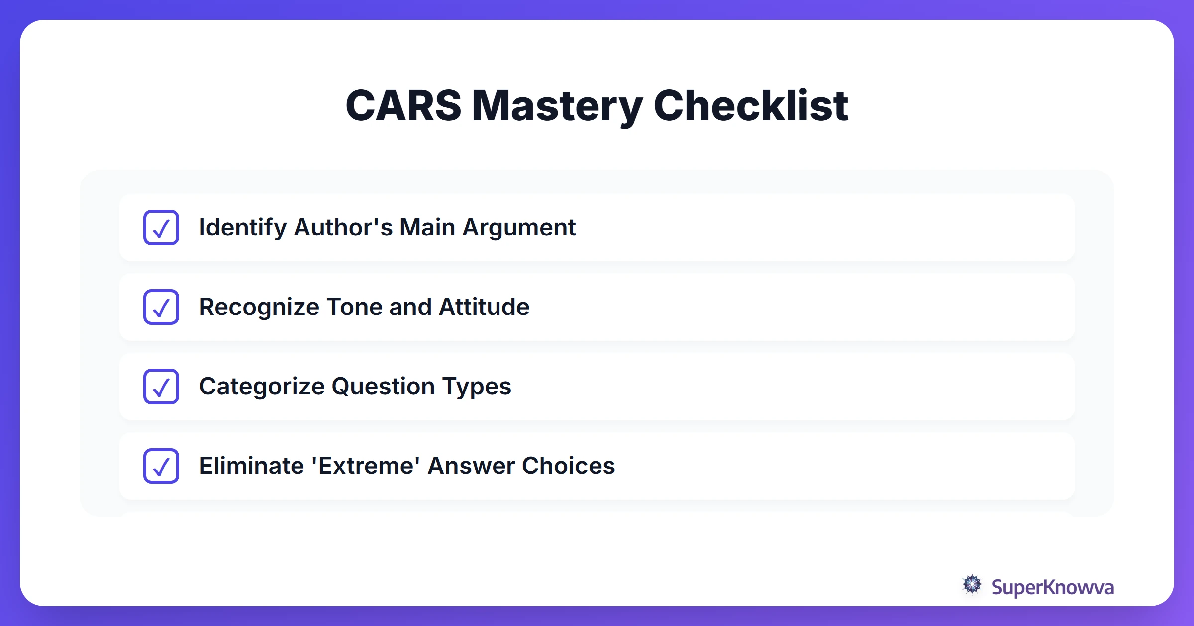 A checklist of essential skills for MCAT CARS success using AI.