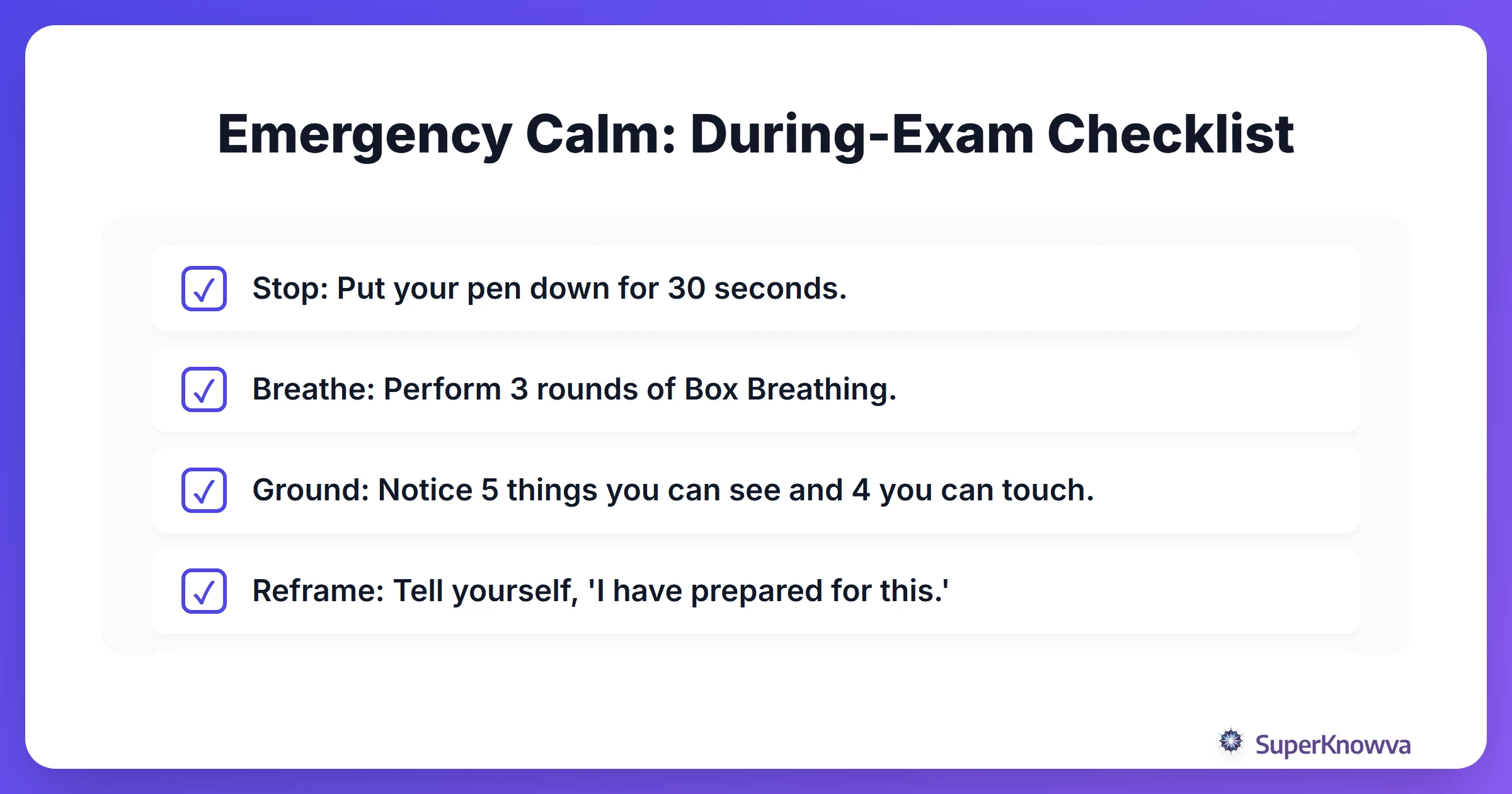 Checklist of grounding techniques to use during an exam.