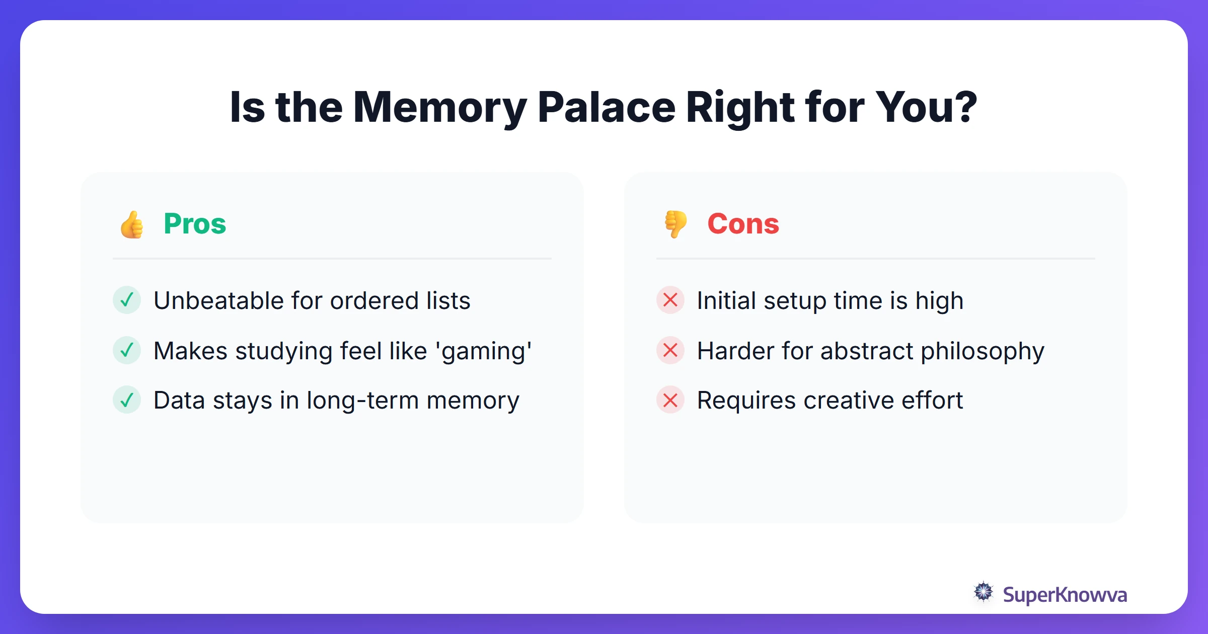 Pros and cons of using memory palaces for students.