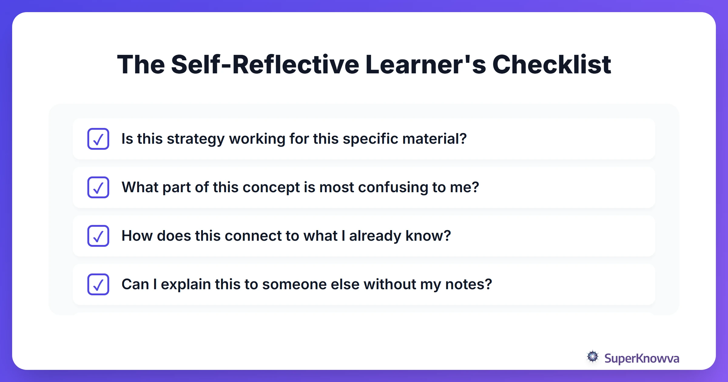 A checklist of questions students should ask themselves to trigger metacognitive thinking.