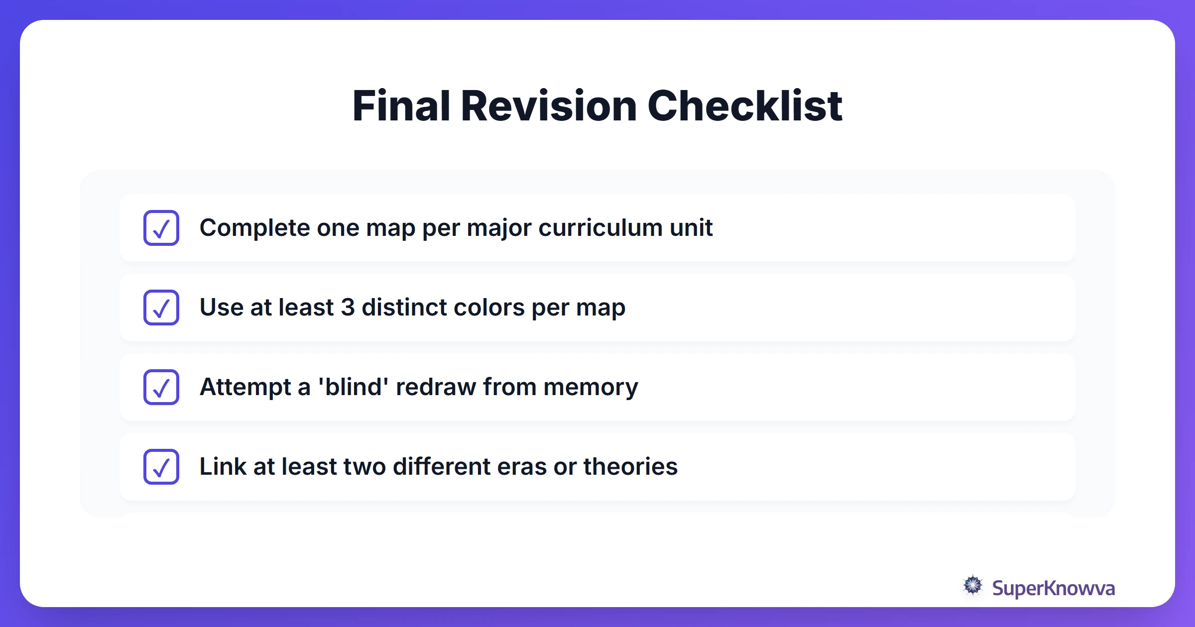 A checklist for using mind maps during final exam revision.