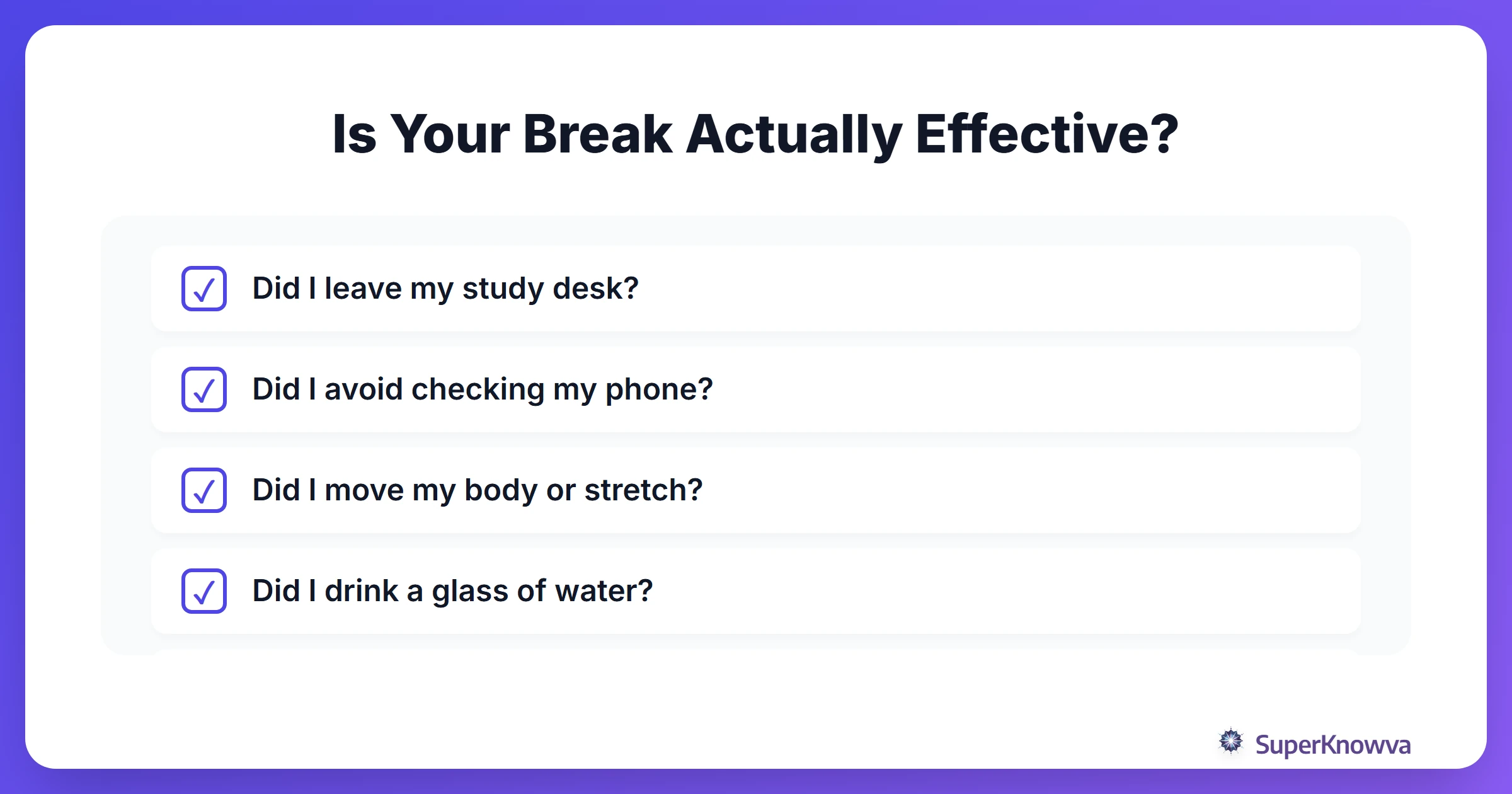 Checklist for effective study break activities