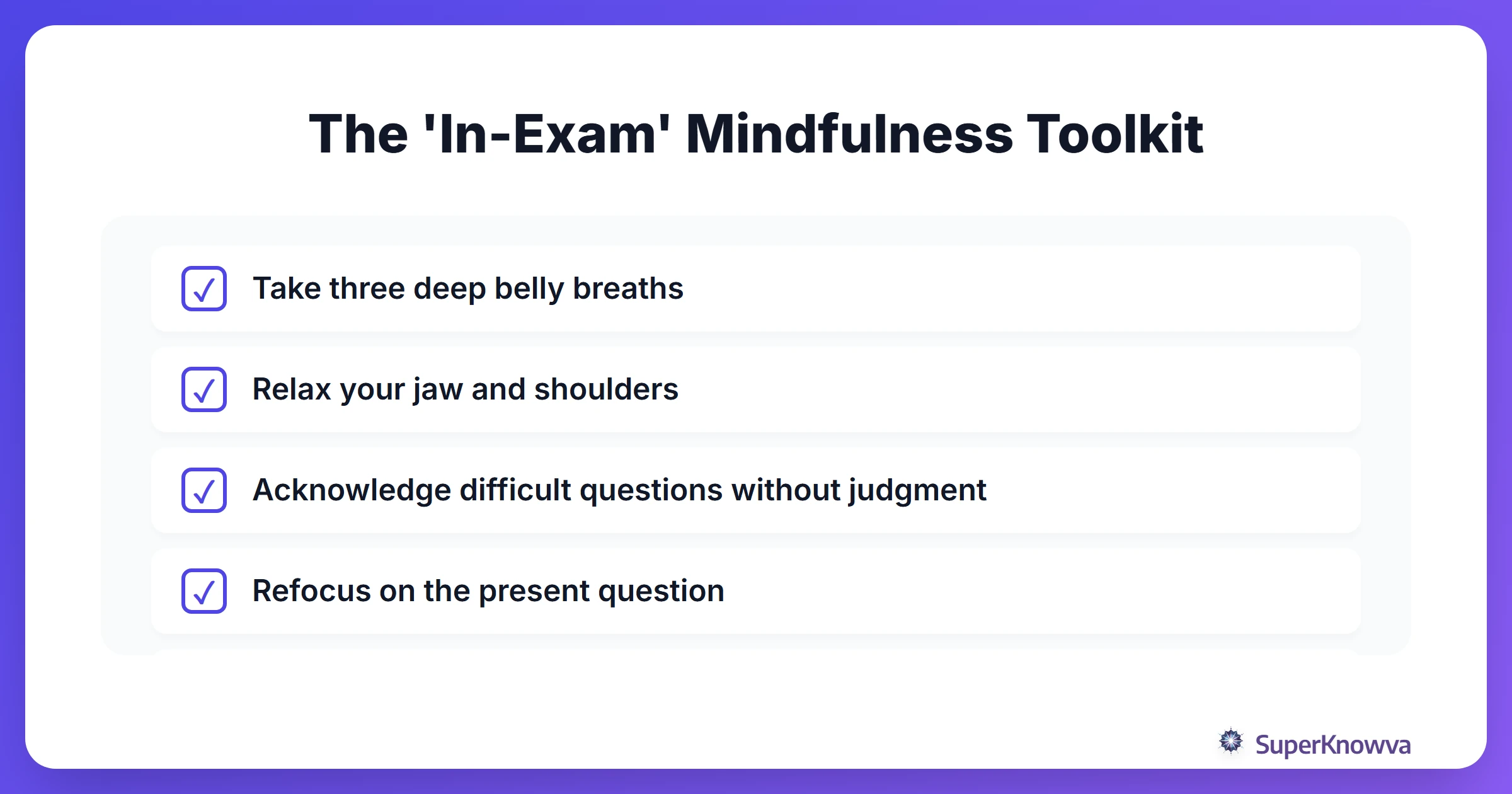 Checklist of mindfulness actions to take during a high-stakes test.