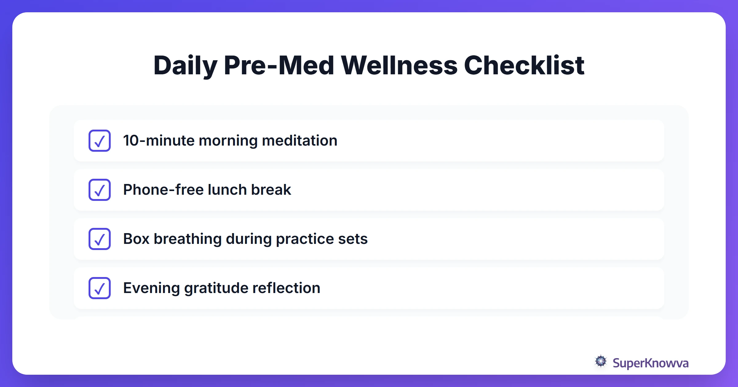 A daily checklist for pre-med students to maintain mindfulness during summer prep.