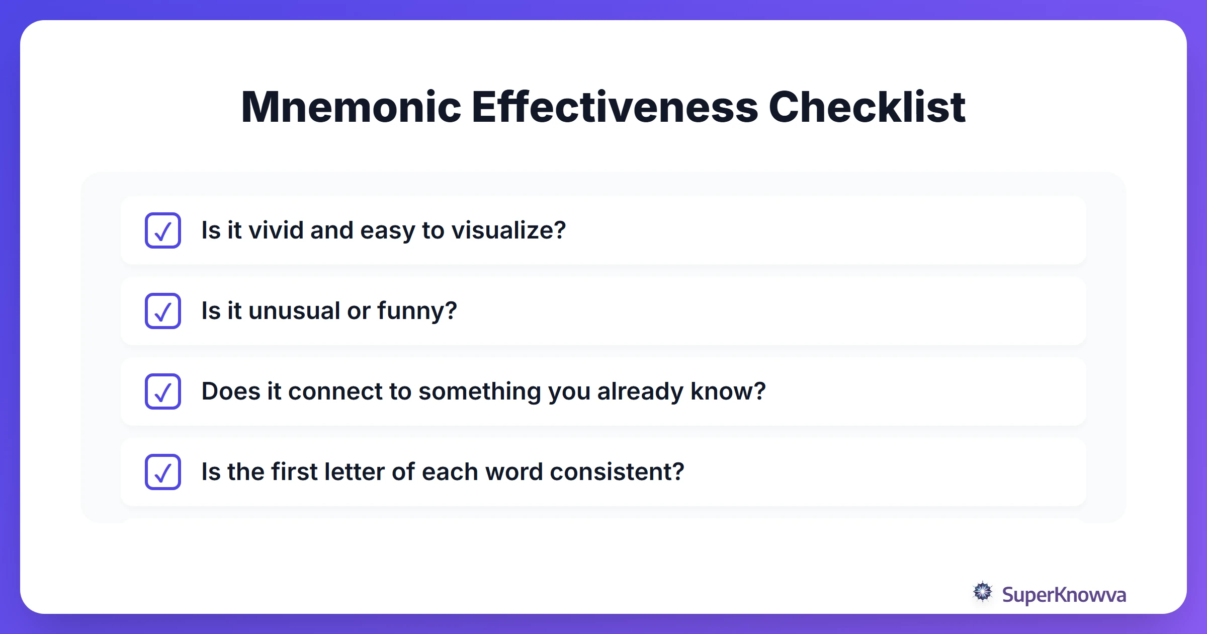 Checklist for creating effective mnemonics.