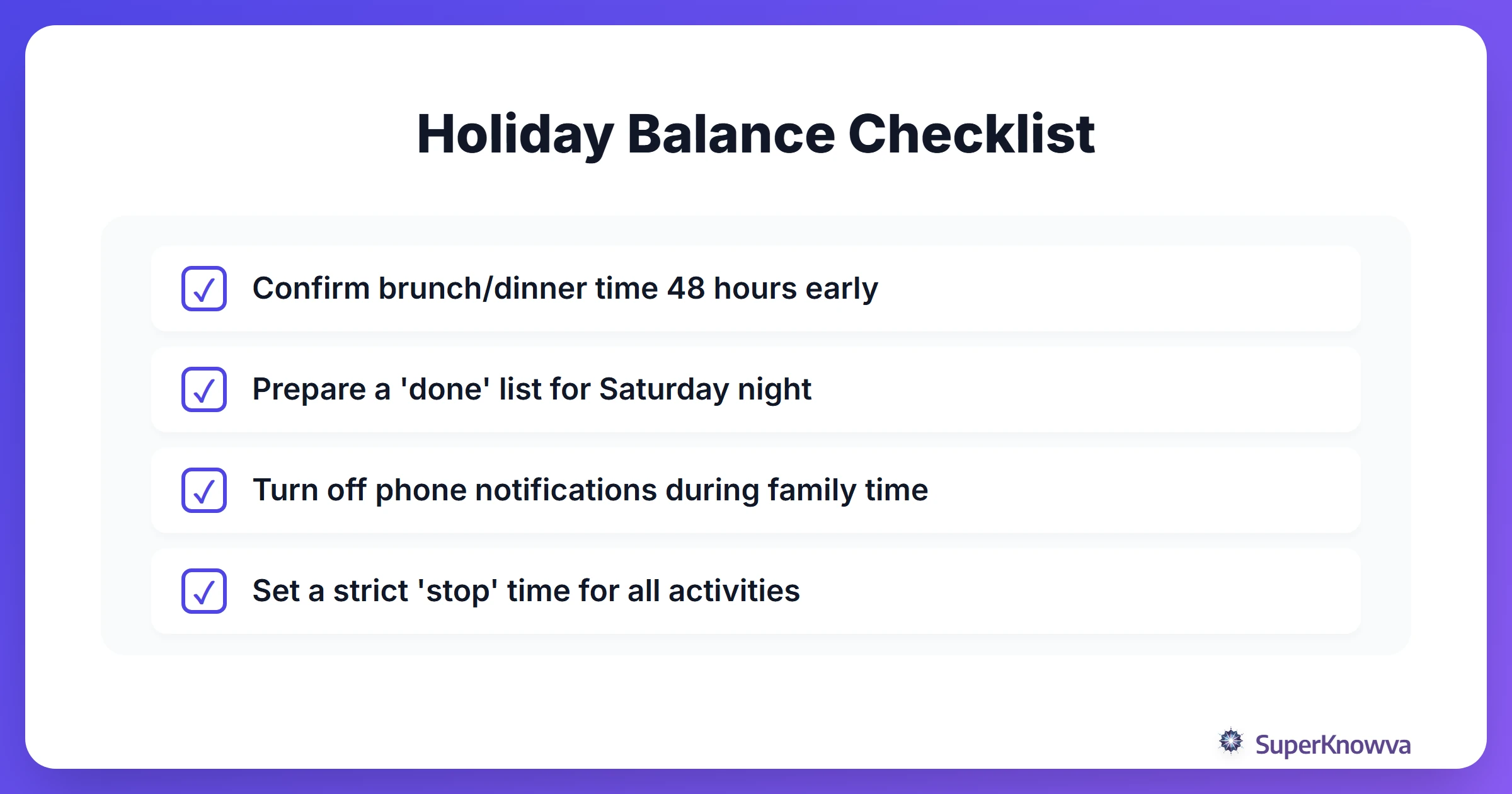 A checklist for maintaining balance during Mother's Day.