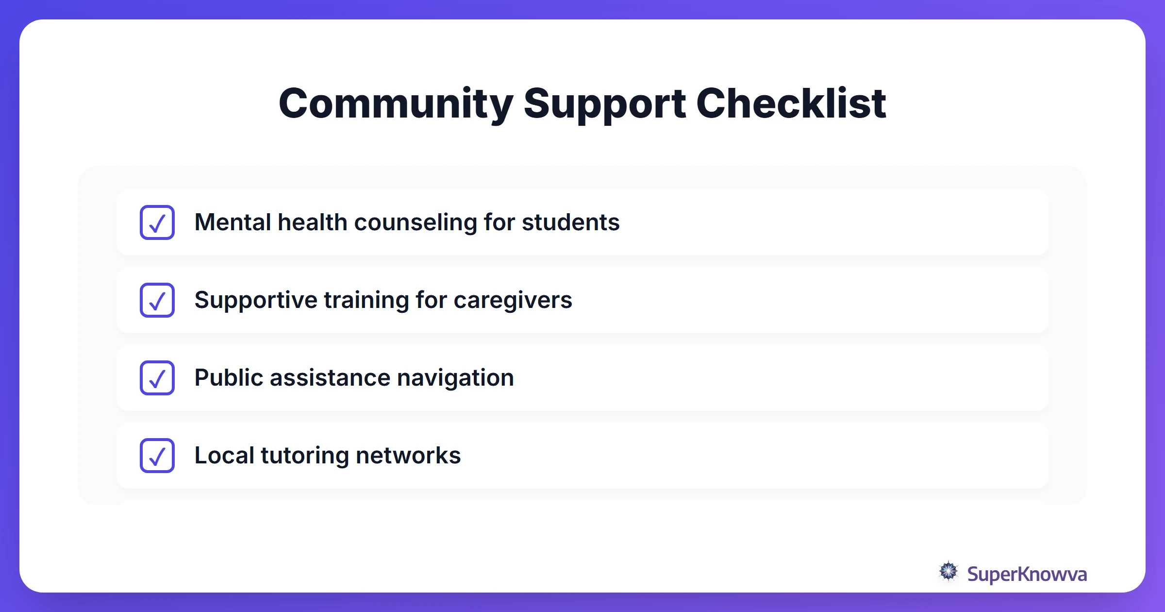 Checklist of community resources families can utilize.