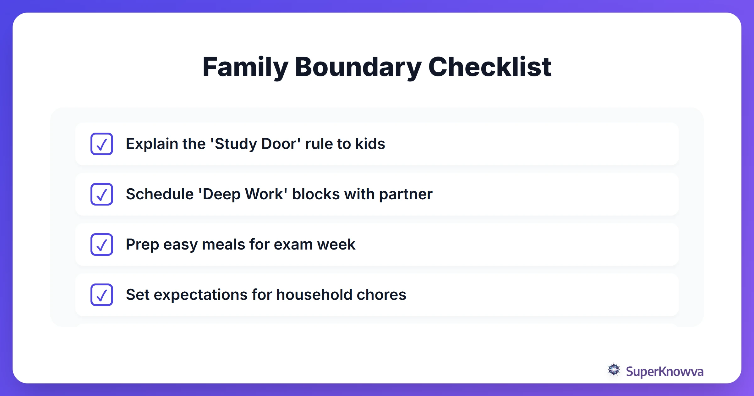Checklist for setting boundaries with family during exam season.