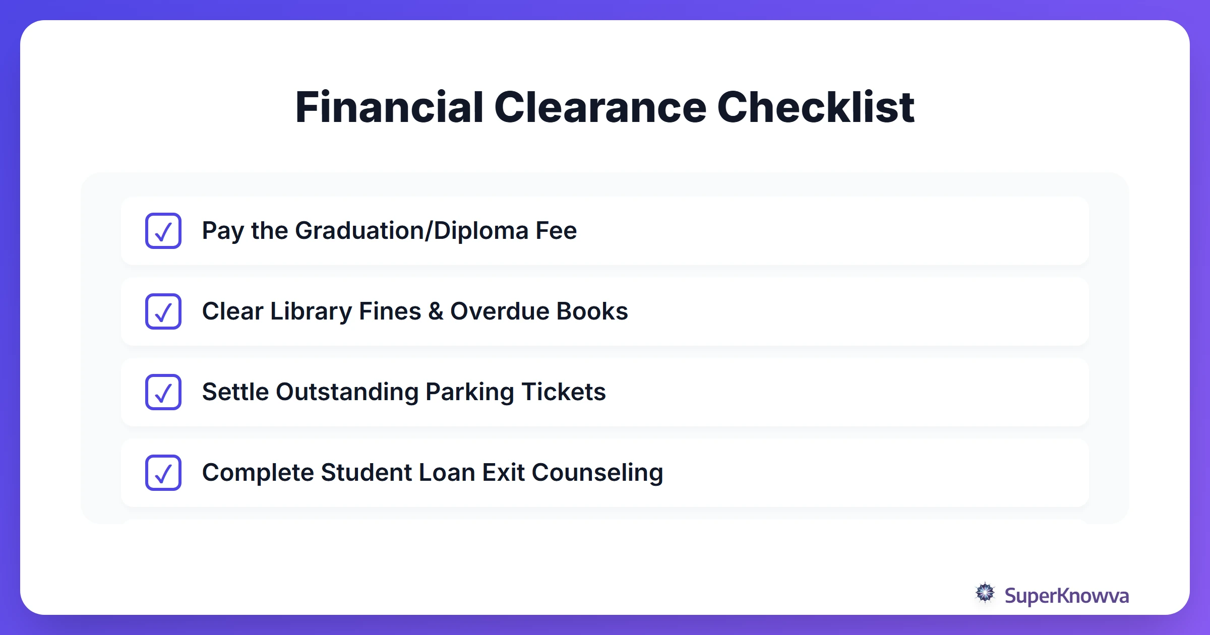 Checklist of financial obligations before graduation