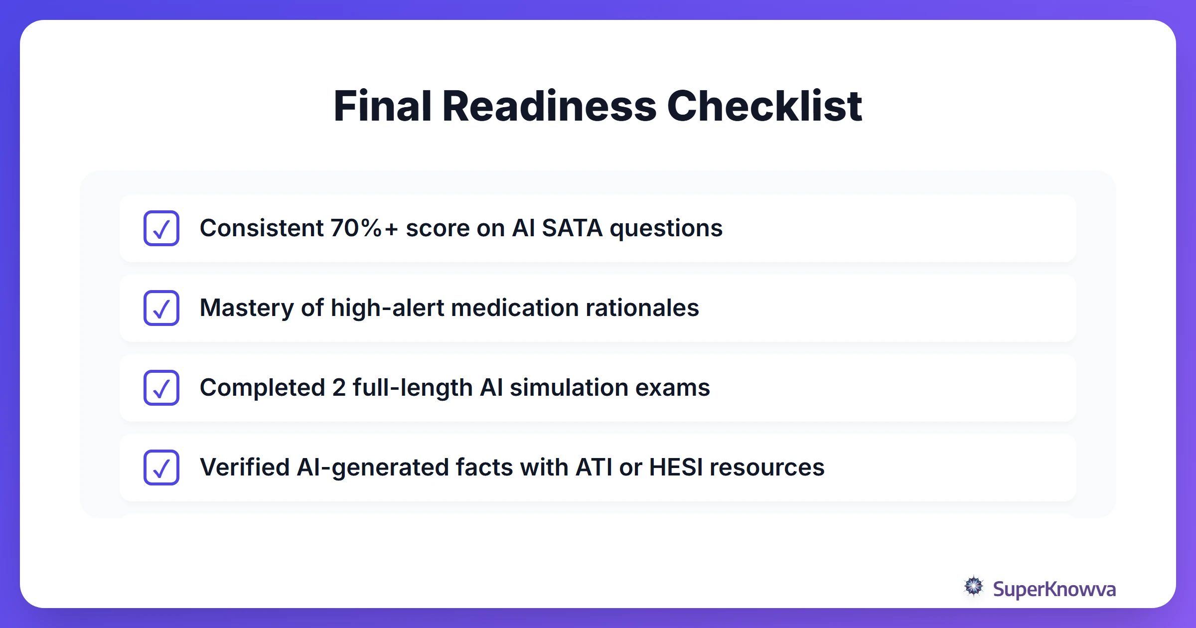 A checklist for nursing students to determine if they are ready for the NCLEX exam.