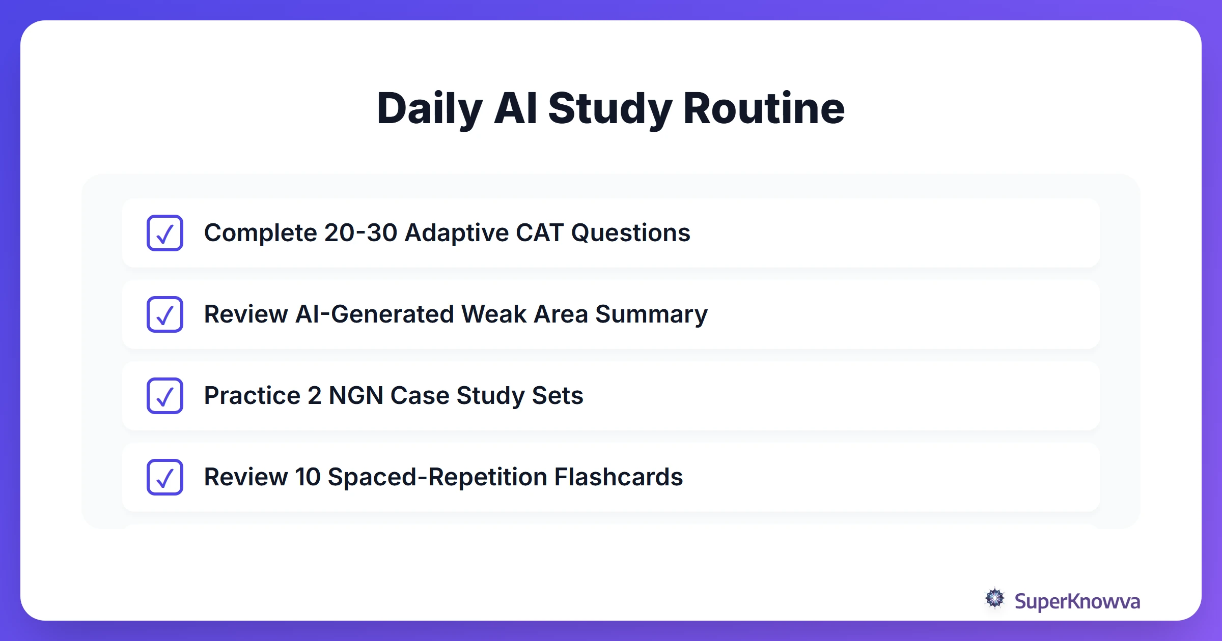 A checklist for a daily AI-driven nursing study session.