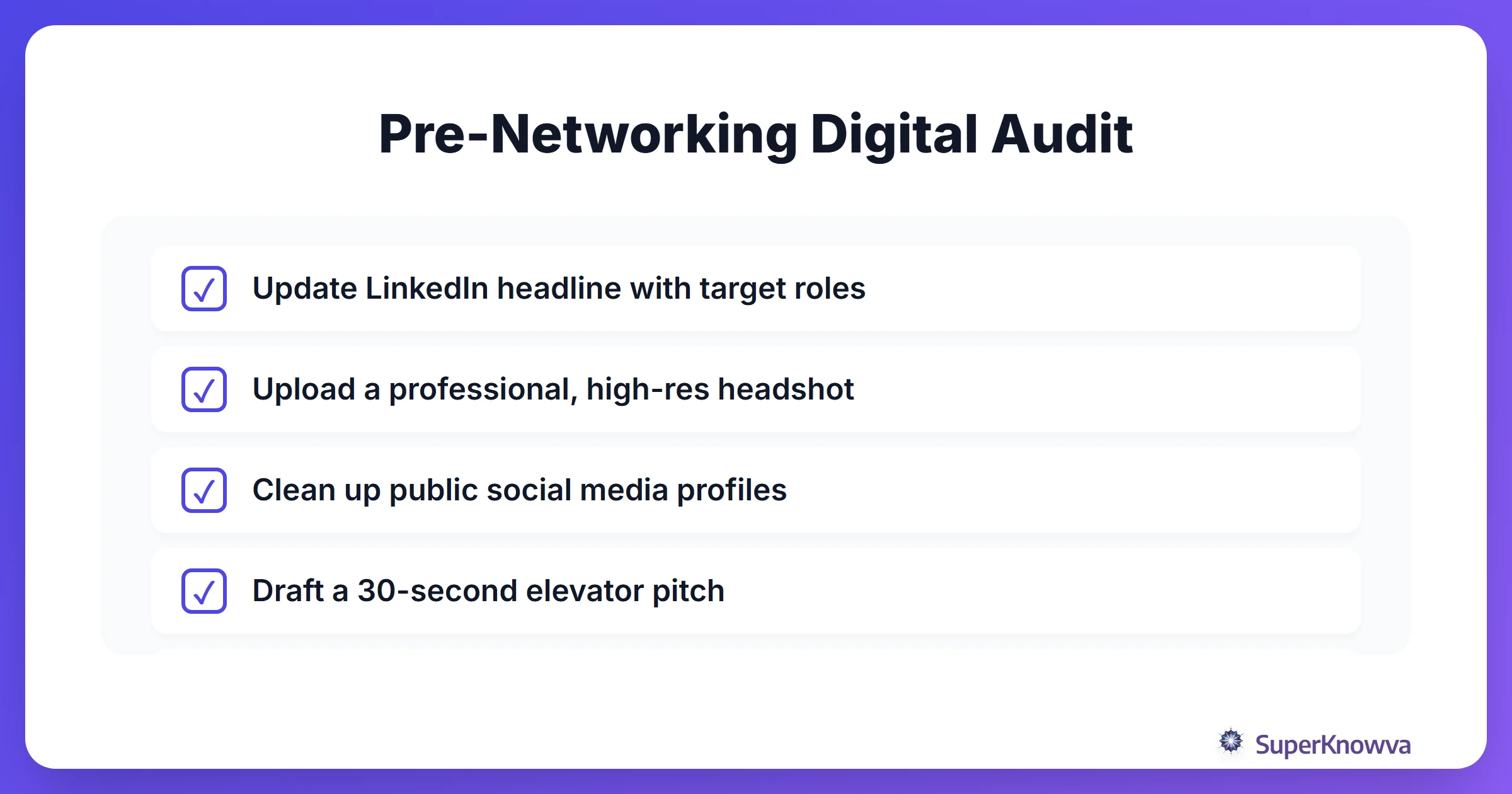 A checklist for students to audit their digital presence before networking.