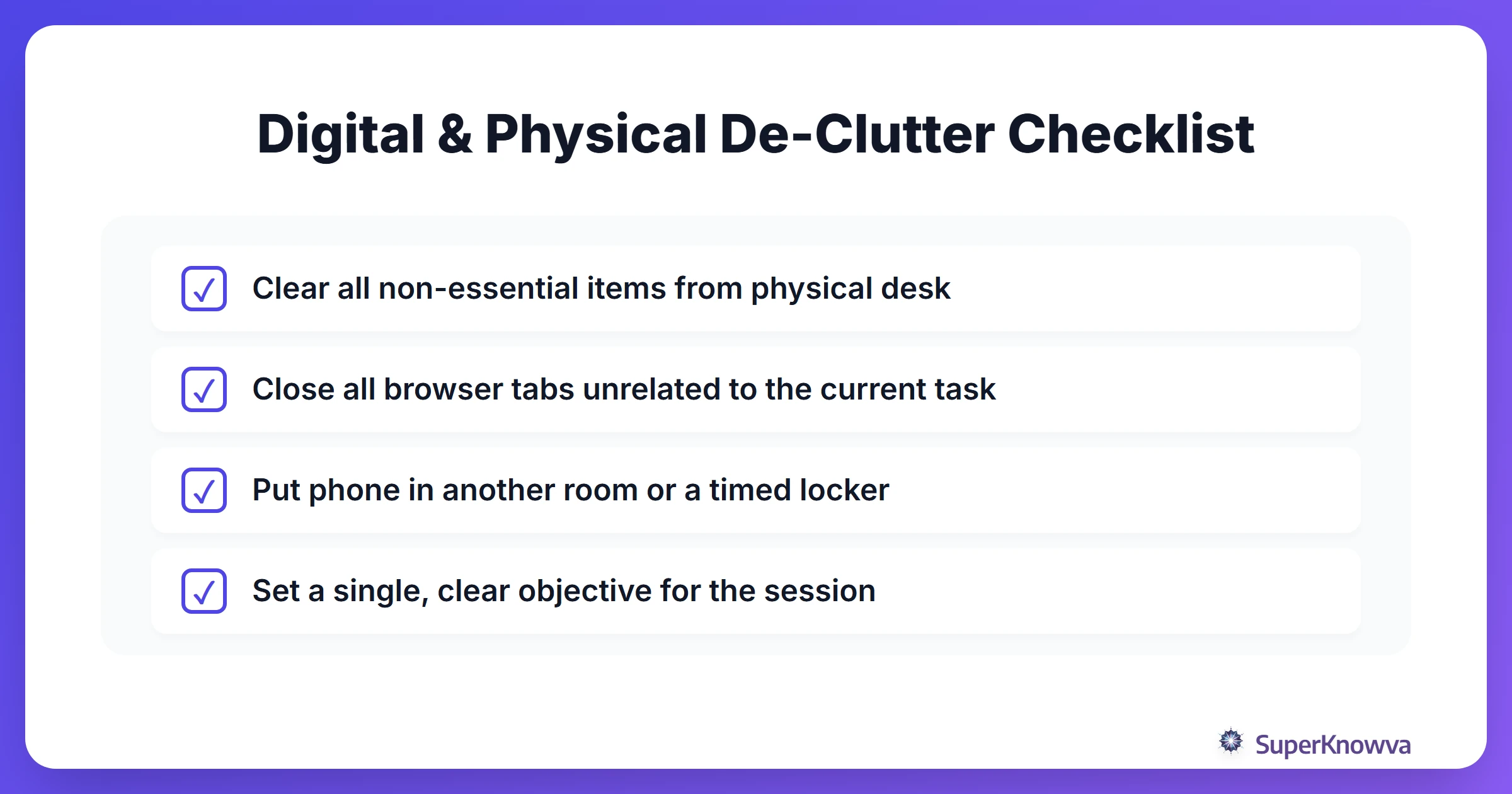 A checklist for clearing digital distractions before a study session.