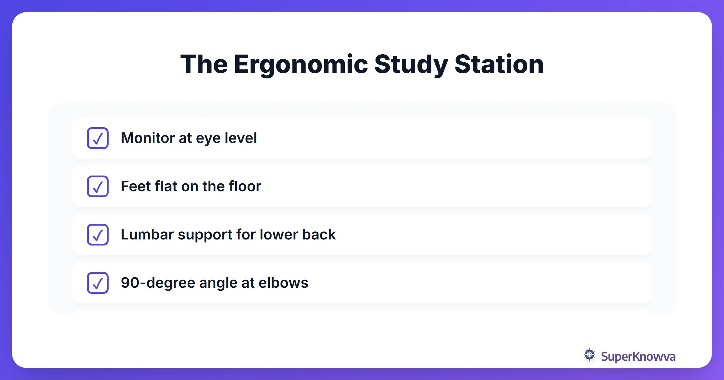 A checklist for setting up an ergonomic study station.