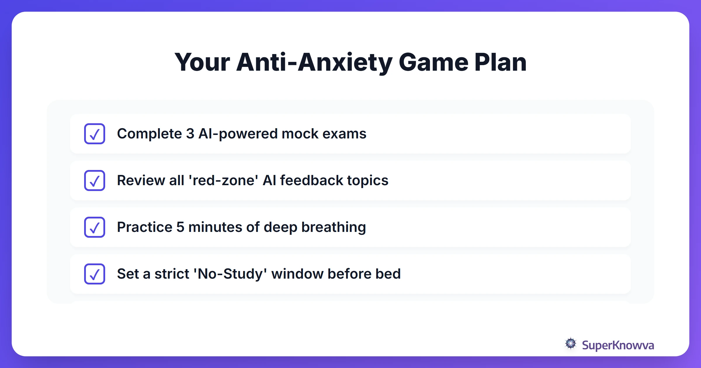 Checklist for a successful pre-exam routine
