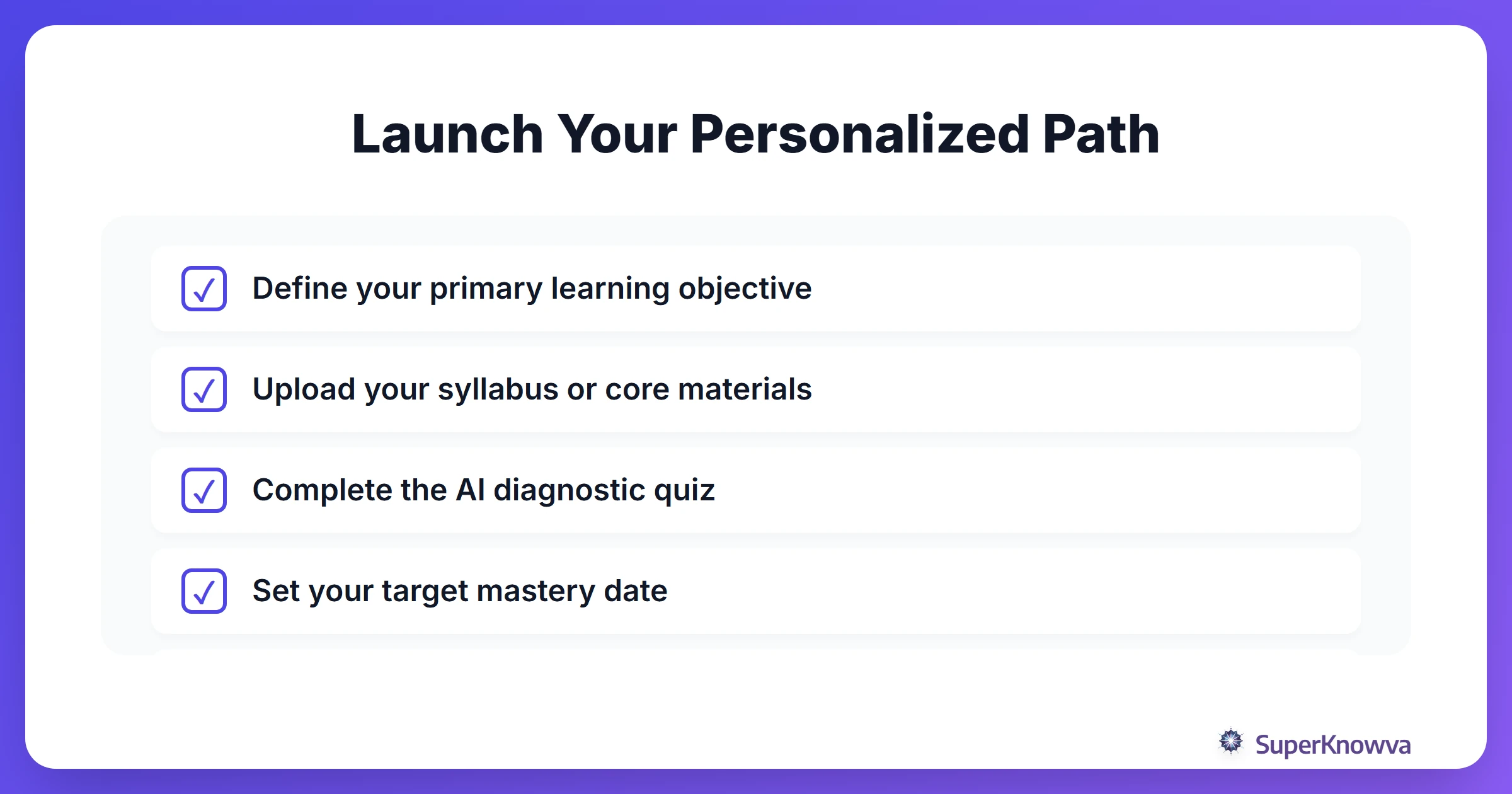 Checklist for students to set up their first personalized AI learning path.