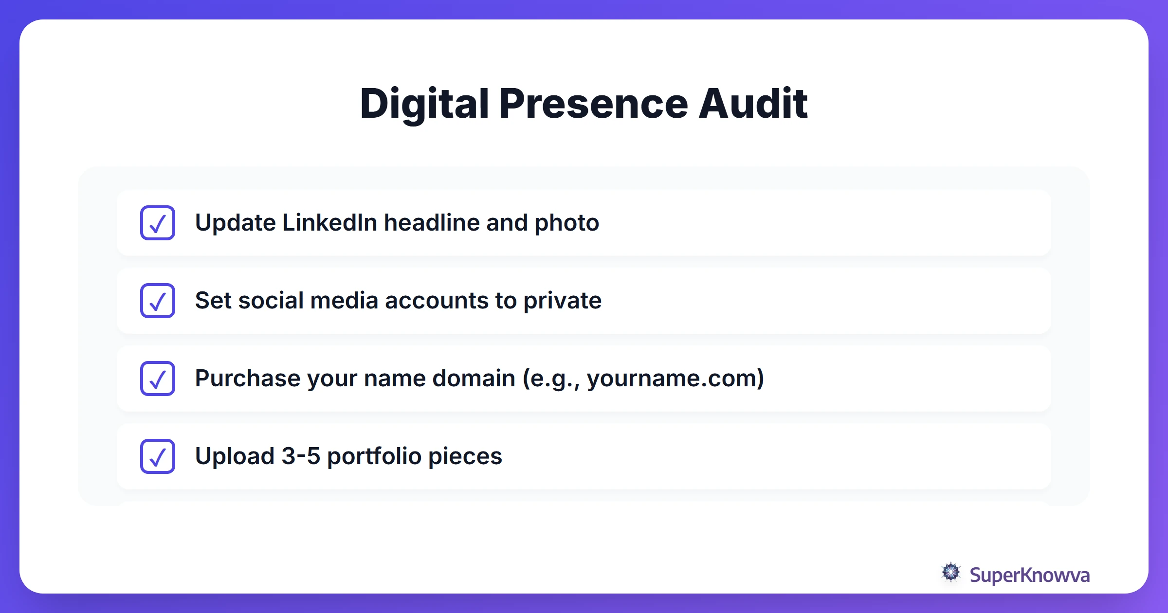 Checklist for auditing your digital presence before job hunting.