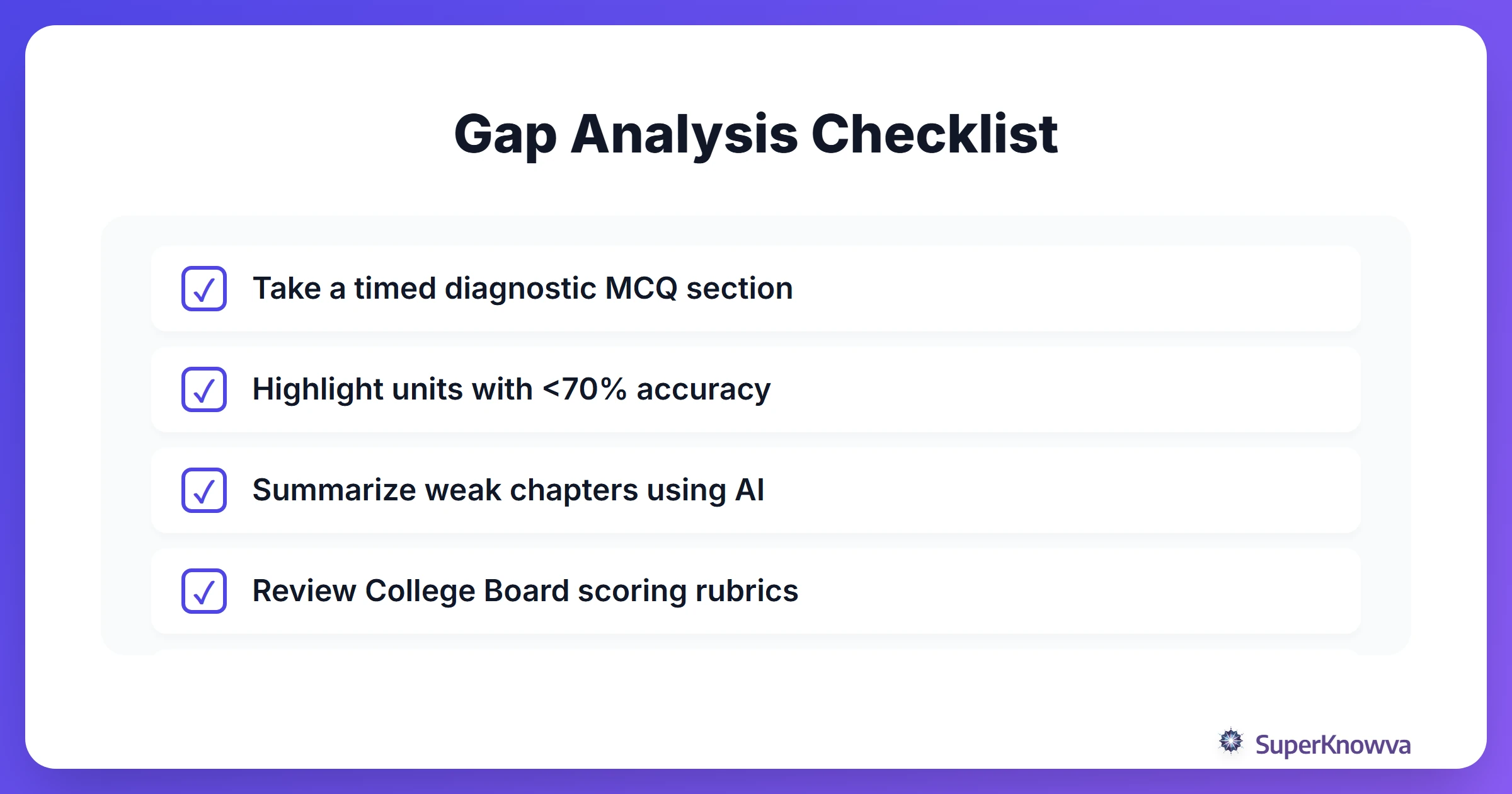 A checklist of items to perform during the diagnostic phase of AP prep.