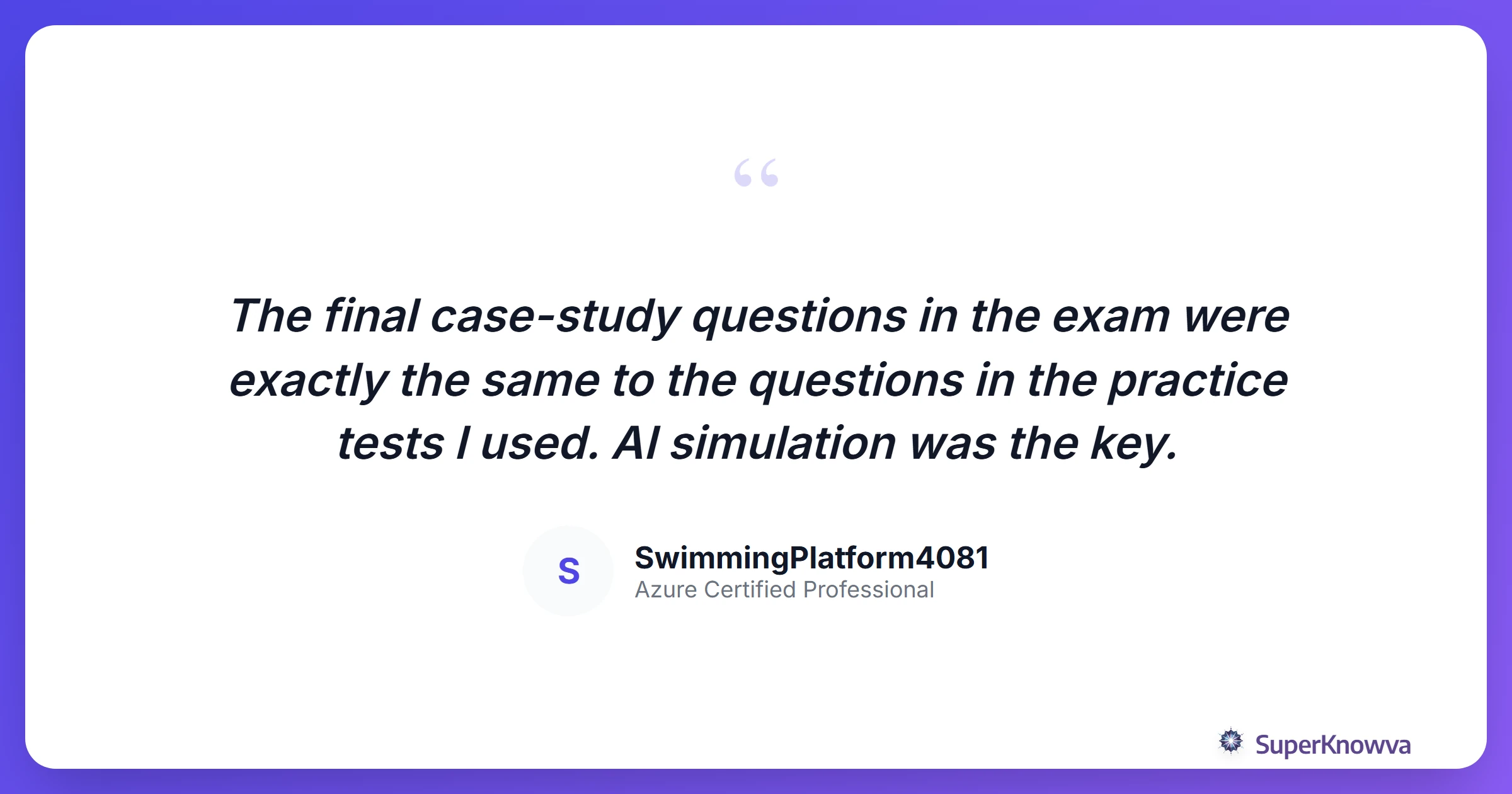 A quote card from a student who passed an AI certification exam.