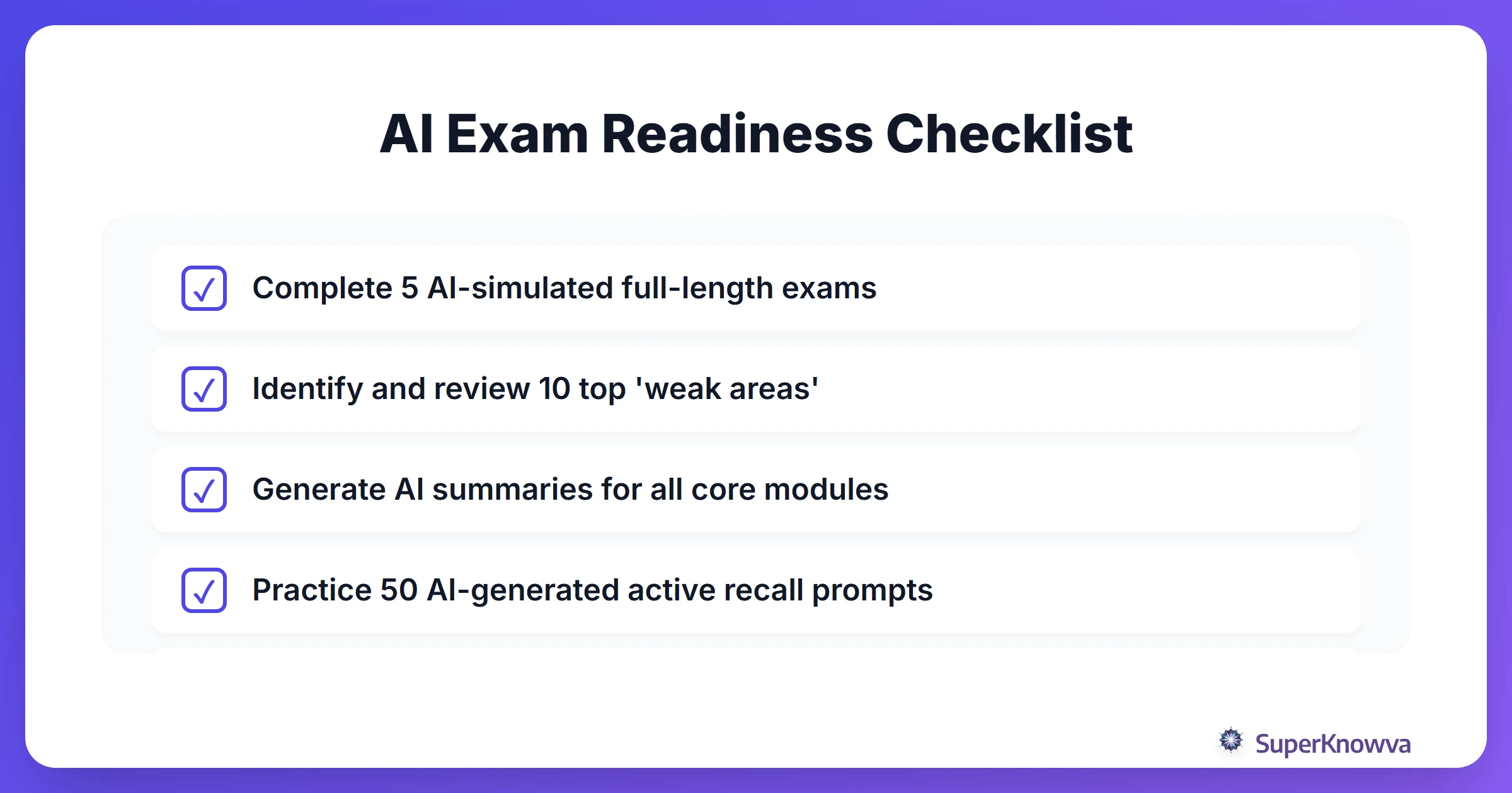 A checklist for ensuring exam readiness using AI tools.