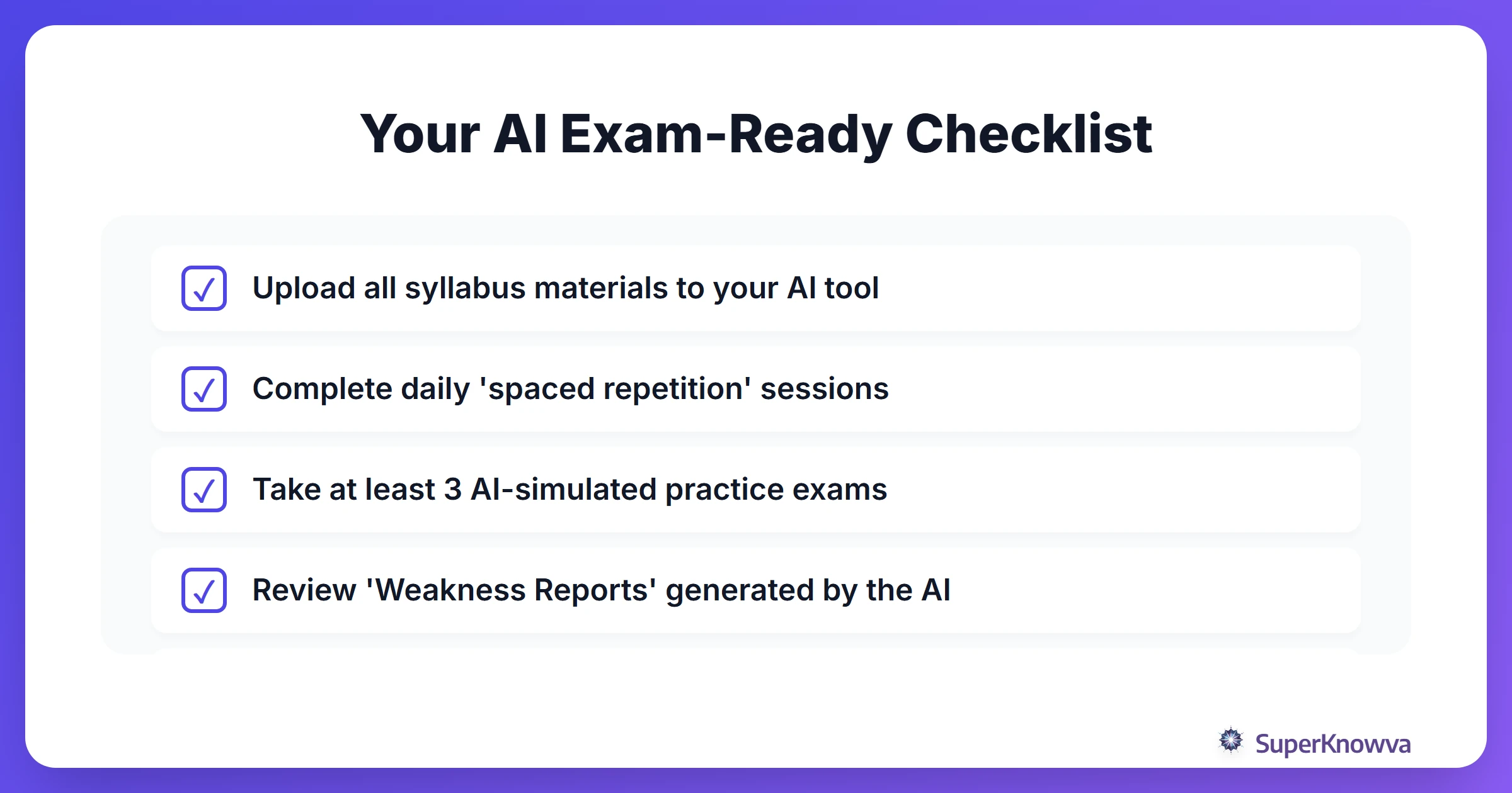 A checklist of steps to take for AI-assisted exam preparation.