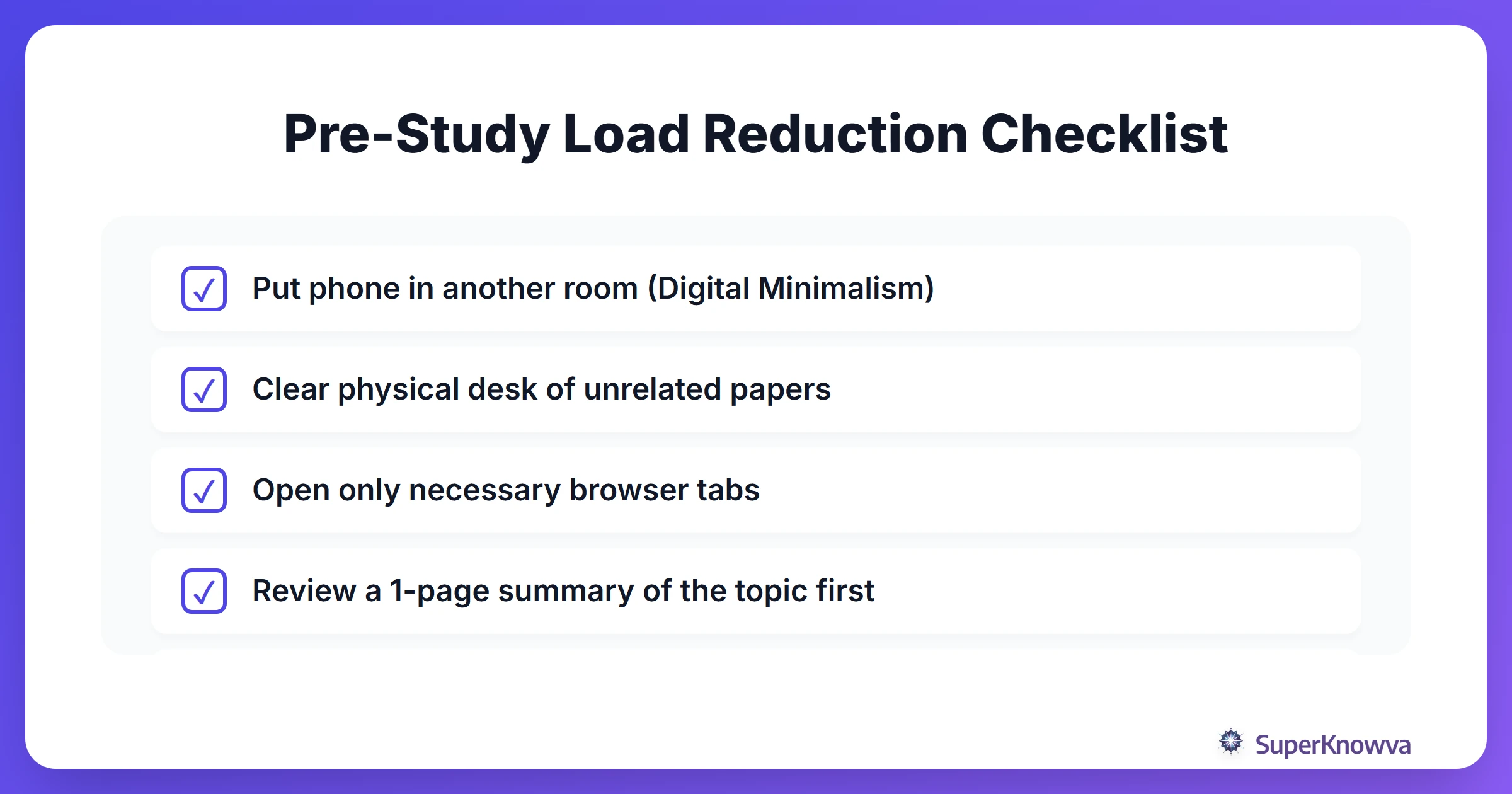 Checklist for reducing cognitive load before studying